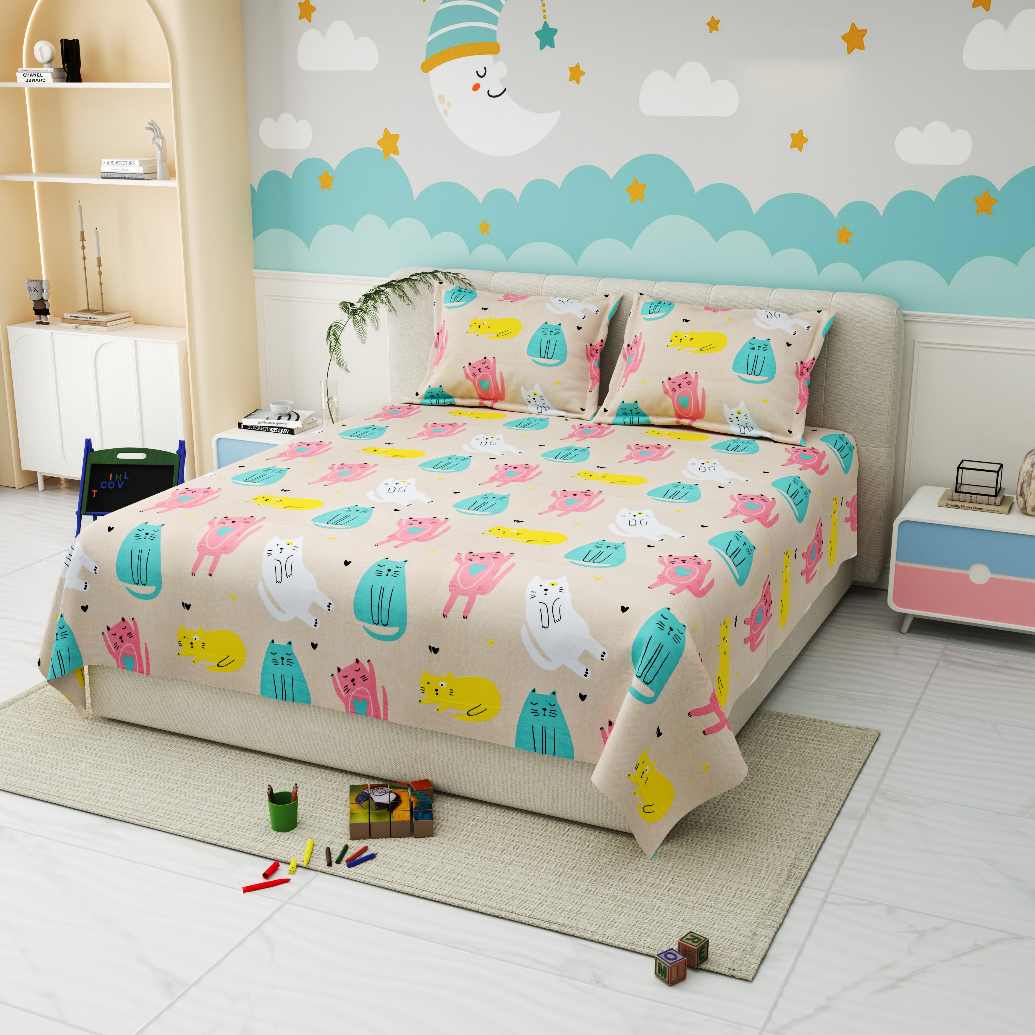 Little Joy Queen Bedsheet with 2 Pillow Covers 130 GSM Micropeach Fun Kitty Beige