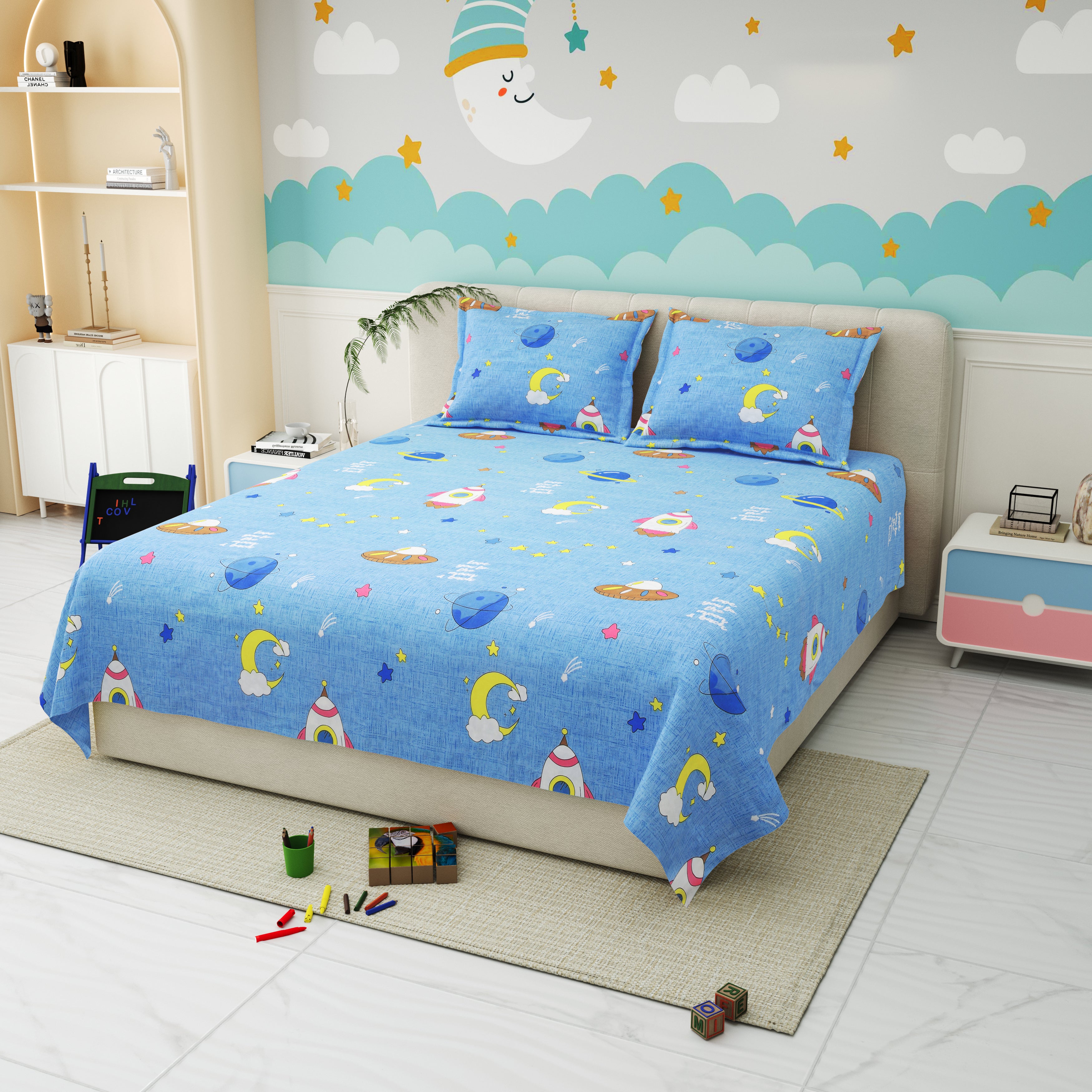 Little Joy Queen Bedsheet with 2 Pillow Covers 130 GSM Micropeach Happy Space Blue