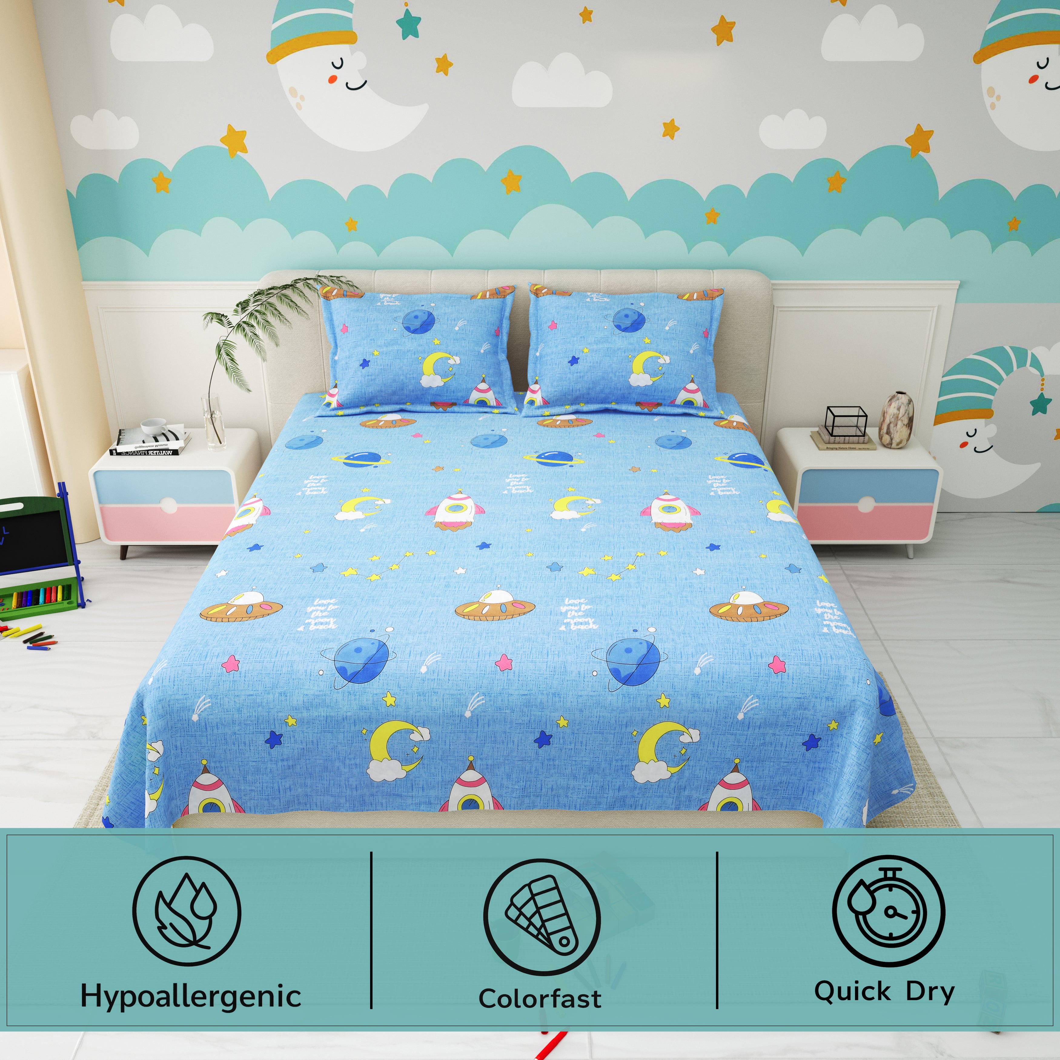 Little Joy Queen Bedsheet with 2 Pillow Covers 130 GSM Micropeach Happy Space Blue