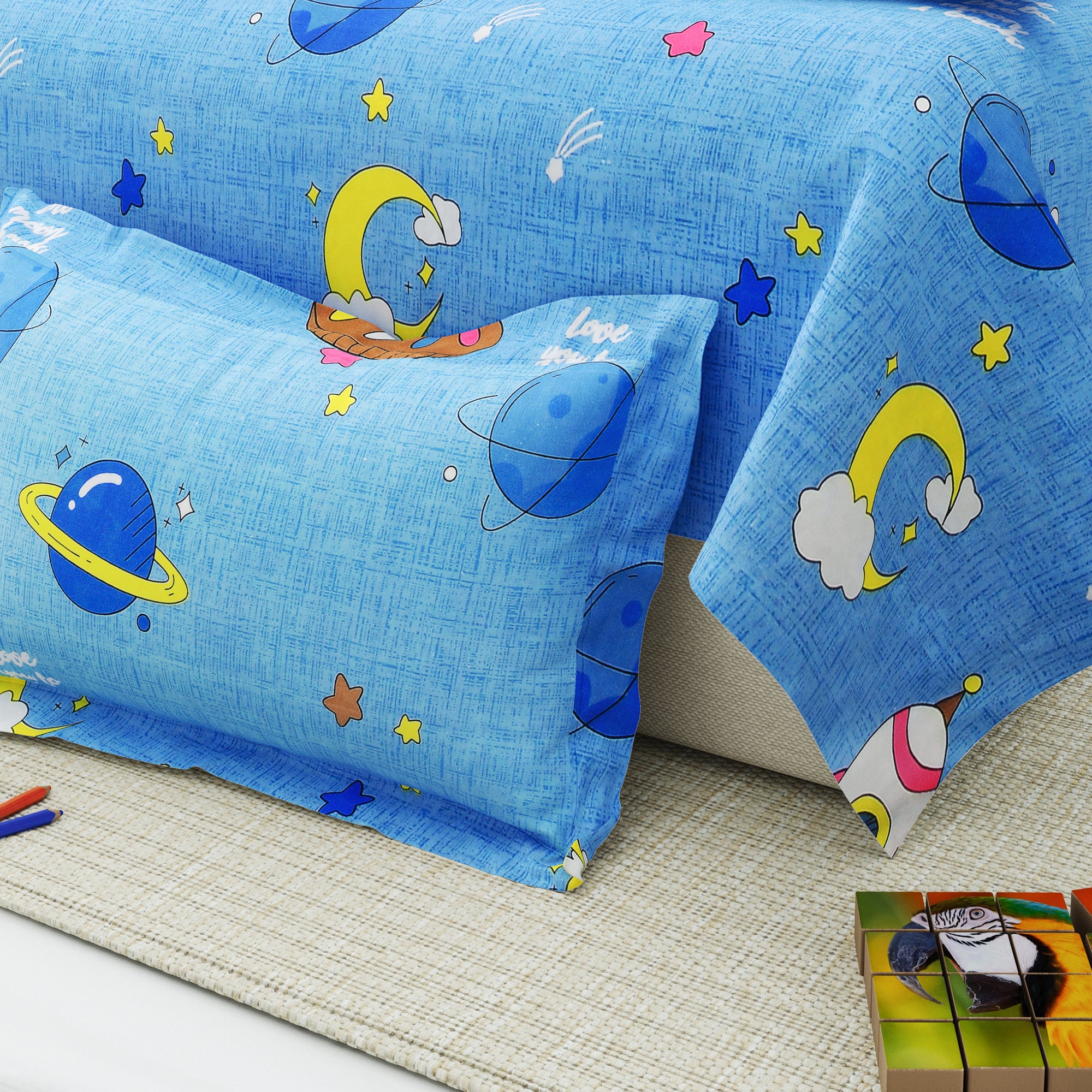 Little Joy Single Bedsheet with 1 Pillow Cover 130 GSM Micropeach Happy Space Blue