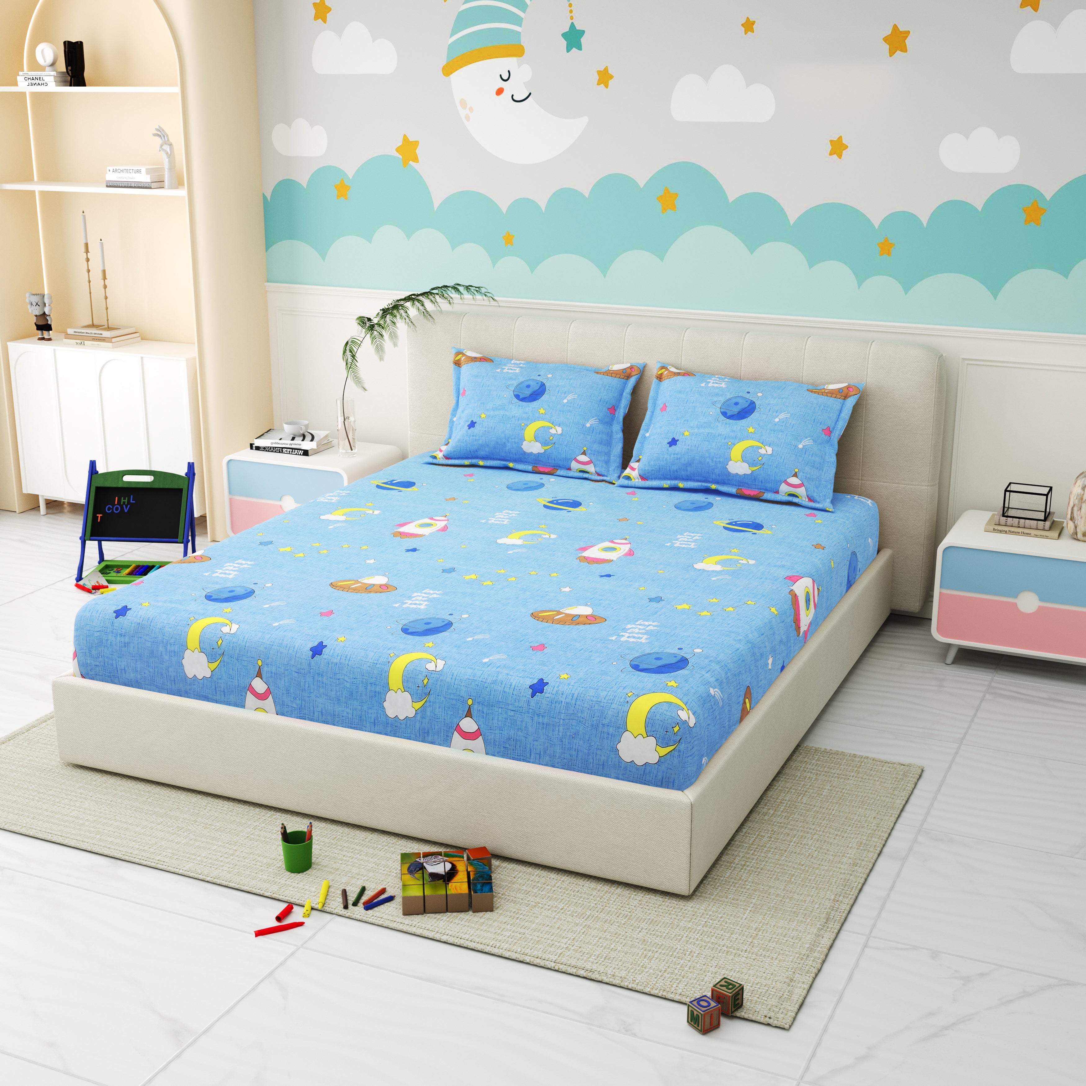 Little Joy Queen Fitted Sheet with 2 Pillow Covers 130 GSM Micropeach Happy Space Blue