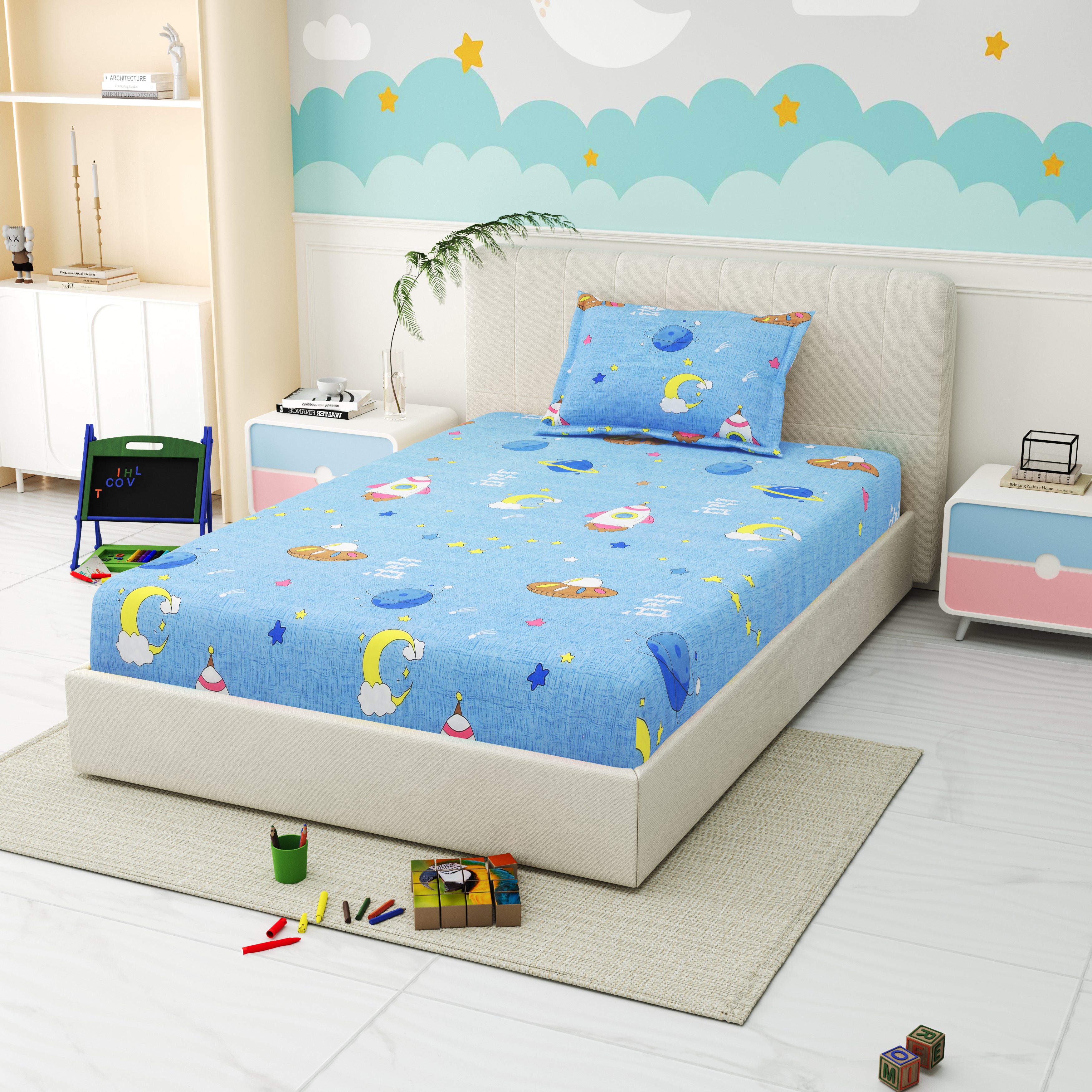 Little Joy Singe Fitted Sheet with 1 Pillow Cover 130 GSM Micropeach Happy Space Blue