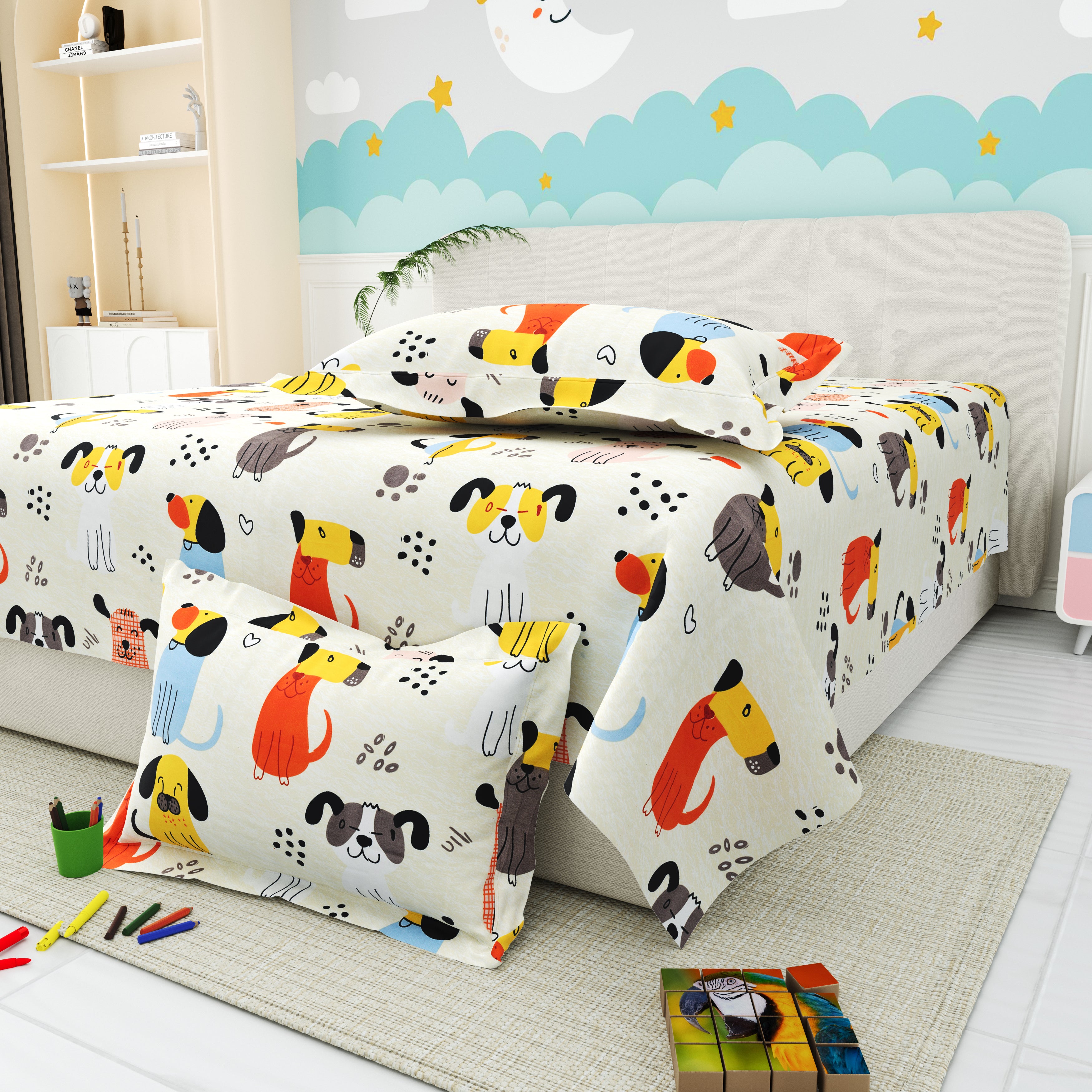 Little Joy Queen Bedsheet with 2 Pillow Covers 130 GSM Micropeach Cute Puppies White