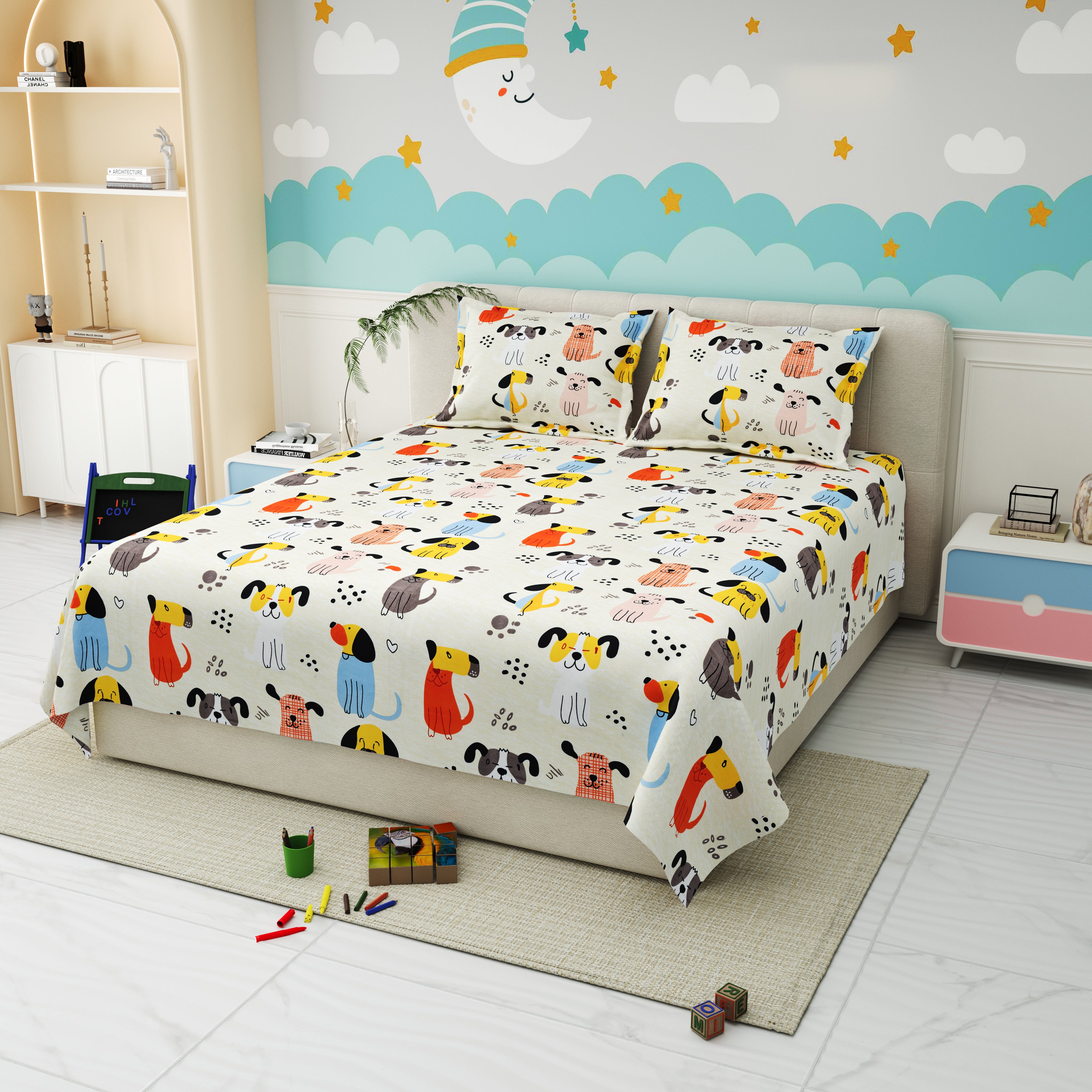 Little Joy Queen Bedsheet with 2 Pillow Covers 130 GSM Micropeach Cute Puppies White