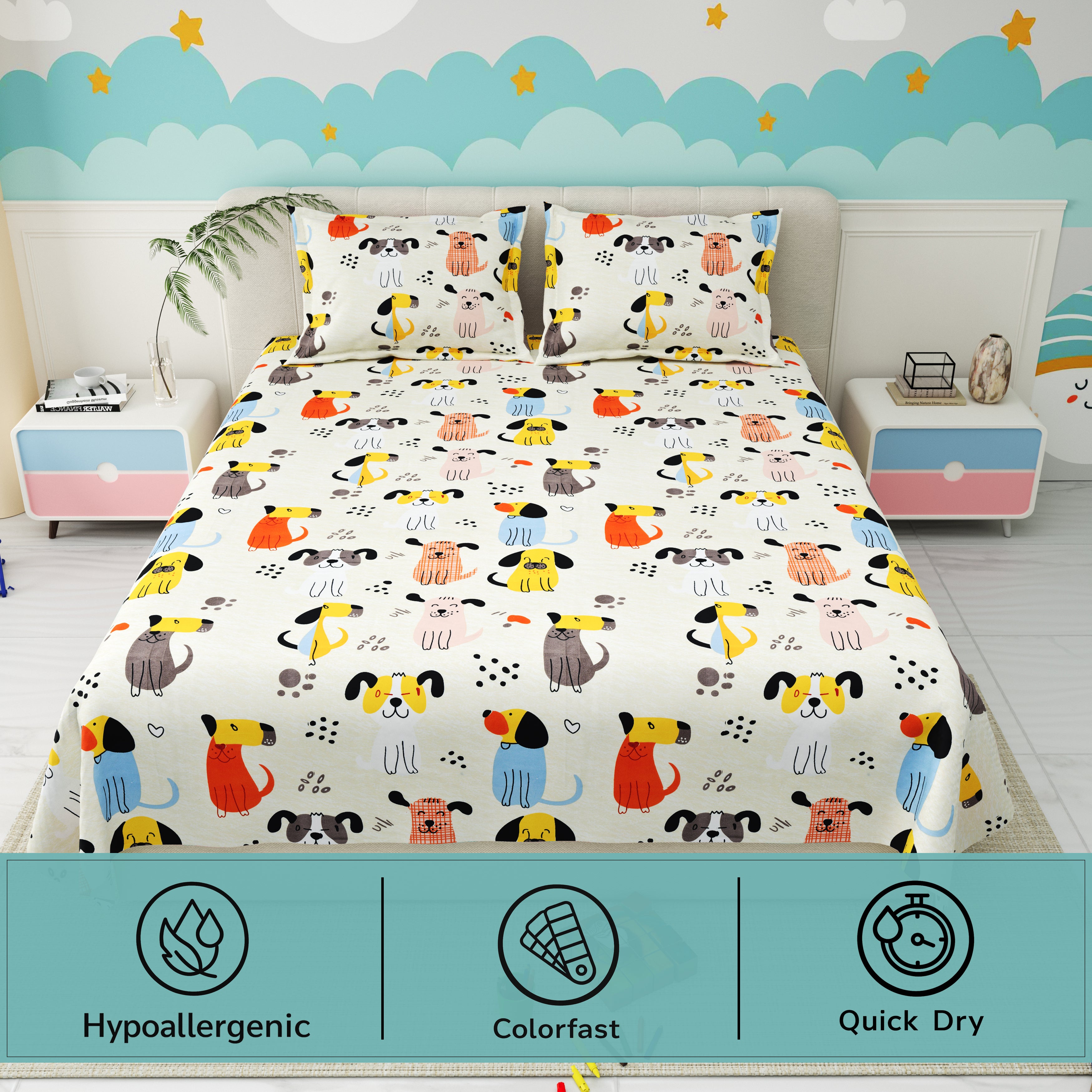 Little Joy Queen Bedsheet with 2 Pillow Covers 130 GSM Micropeach Cute Puppies White