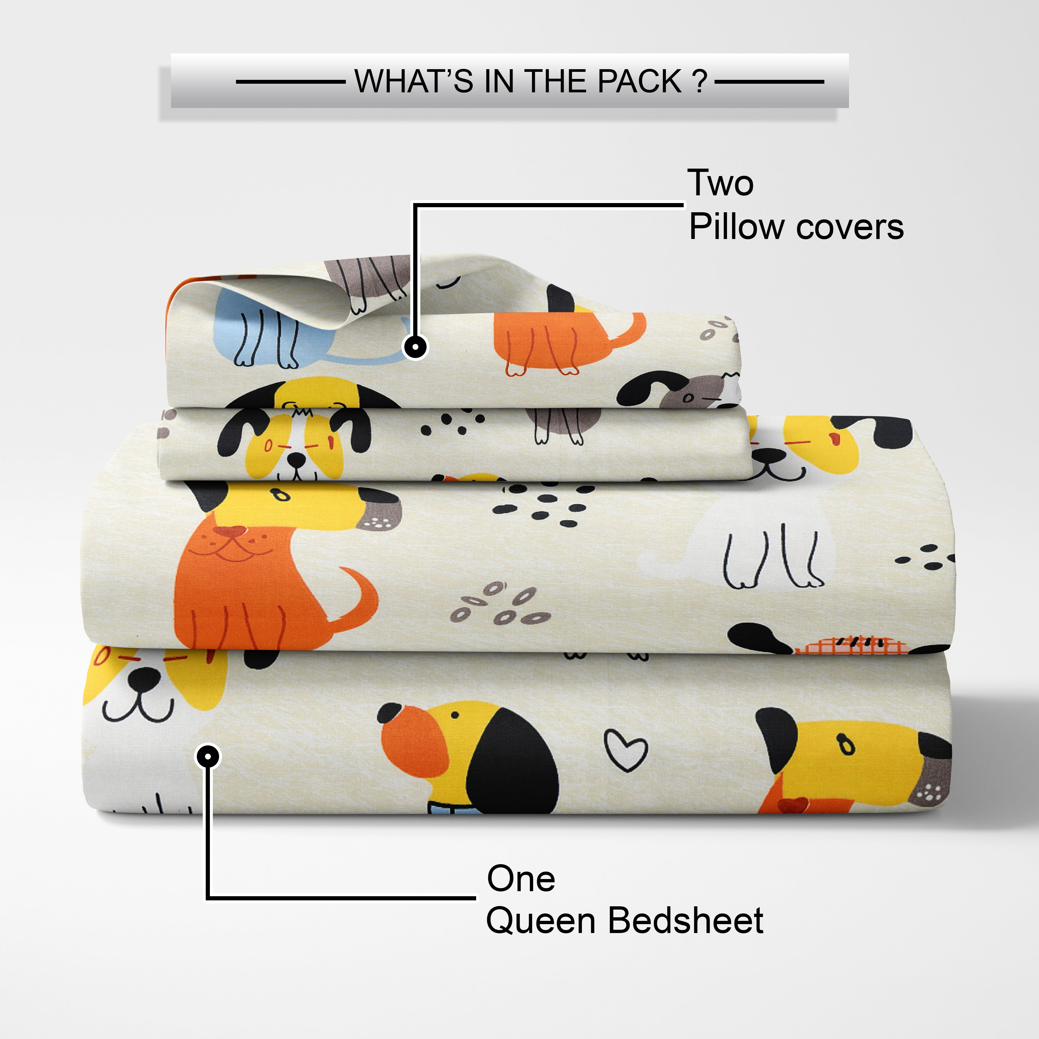 Little Joy Queen Fitted Sheet with 2 Pillow Covers 130 GSM Micropeach Cute Puppies White