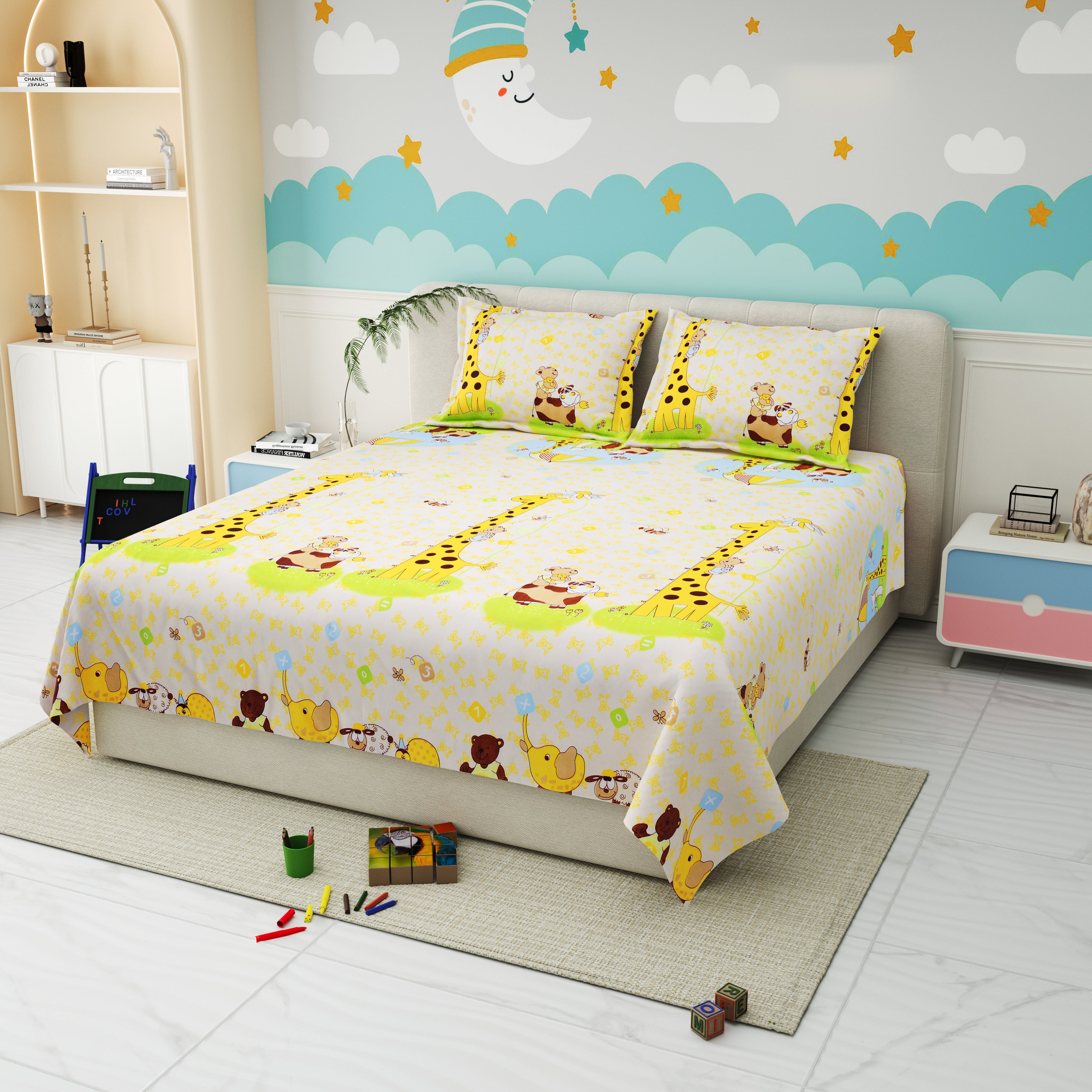 Little Joy Queen Bedsheet with 2 Pillow Covers 130 GSM Micropeach Funny Toons Yellow