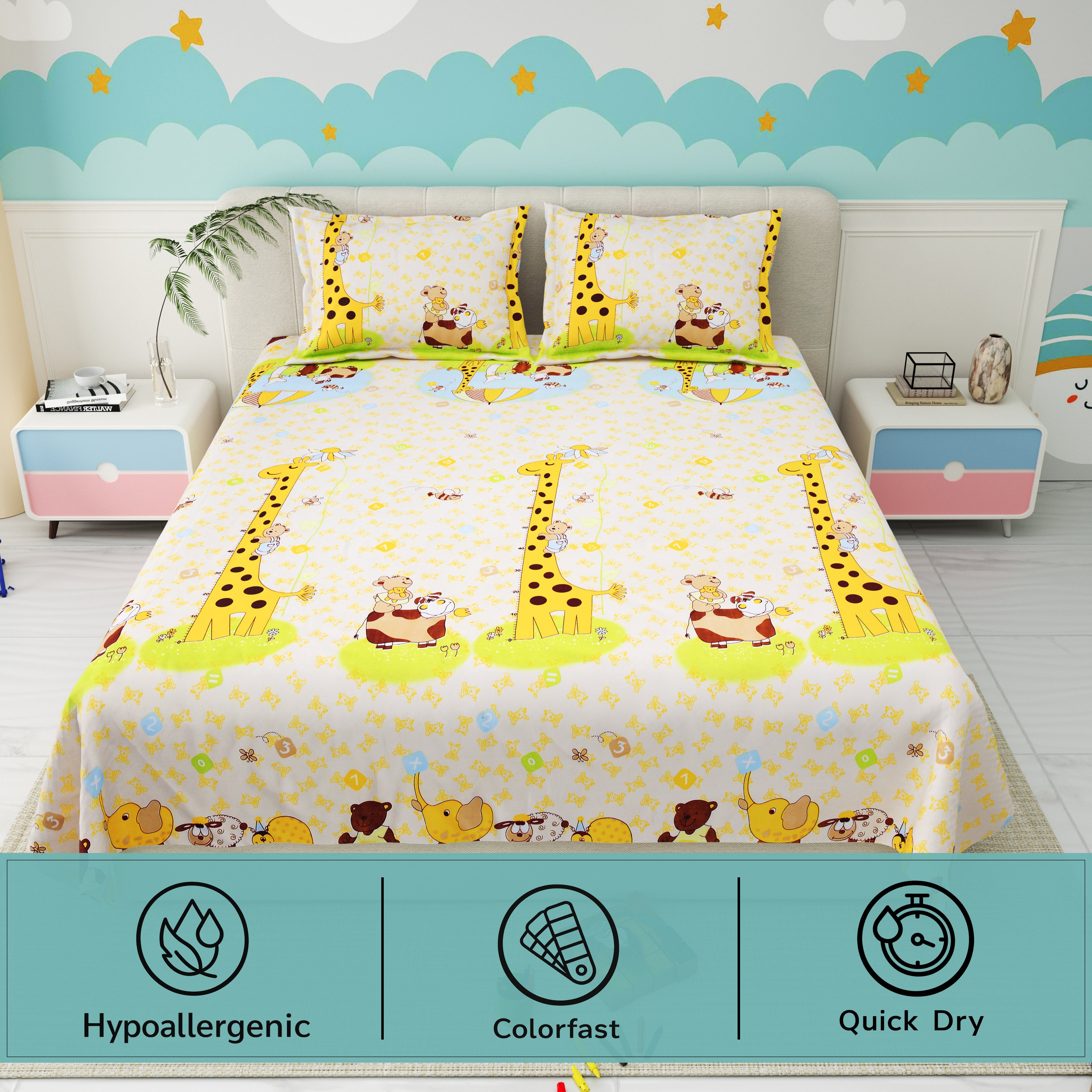 Little Joy Queen Bedsheet with 2 Pillow Covers 130 GSM Micropeach Funny Toons Yellow
