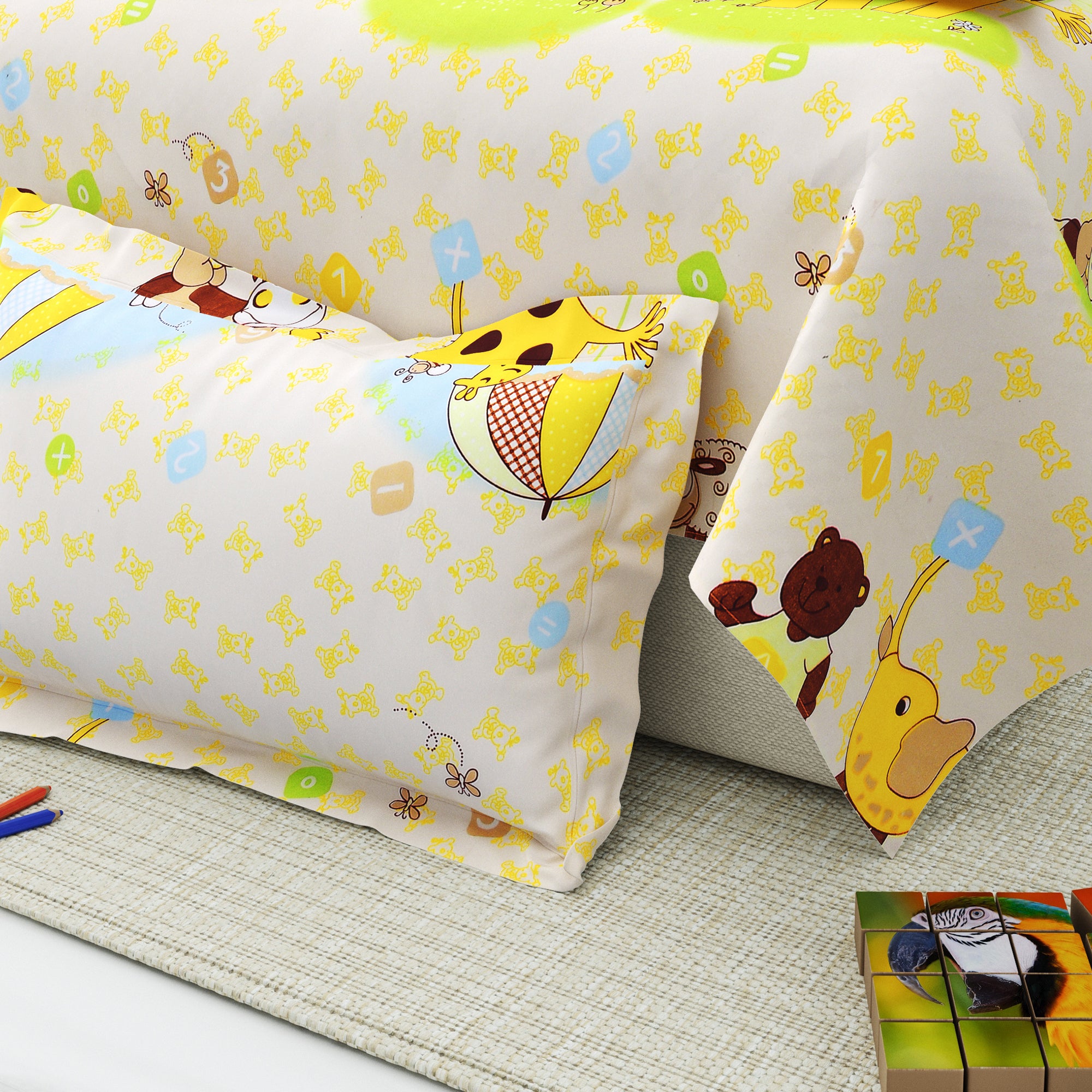 Little Joy Single Bedsheet with 1 Pillow Cover 130 GSM Micropeach Funny Toons Yellow