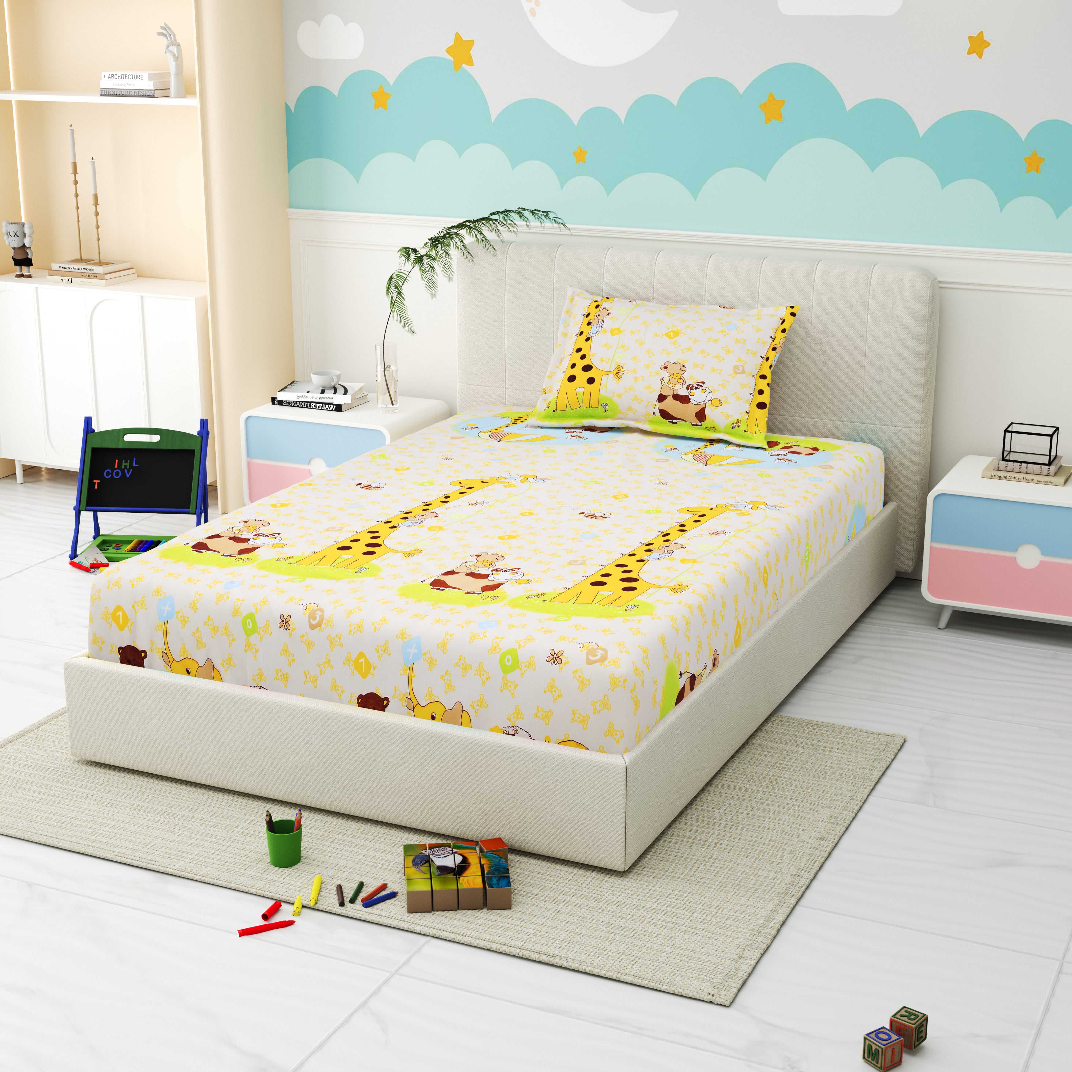 Little Joy Singe Fitted Sheet with 1 Pillow Cover 130 GSM Micropeach Funny Toons Yellow