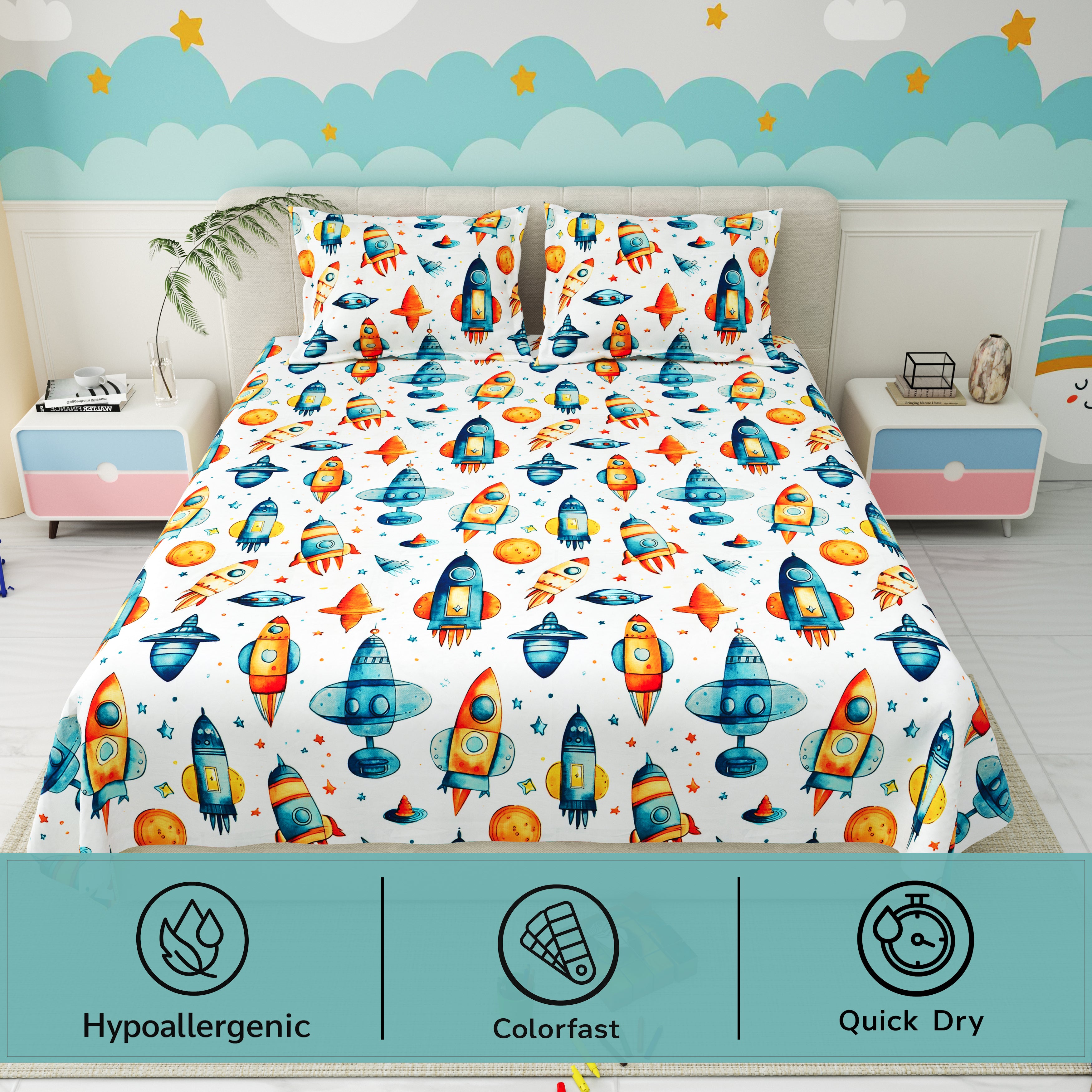 Little Joy Queen Bedsheet with 2 Pillow Covers 130 GSM Micropeach Space Craft White