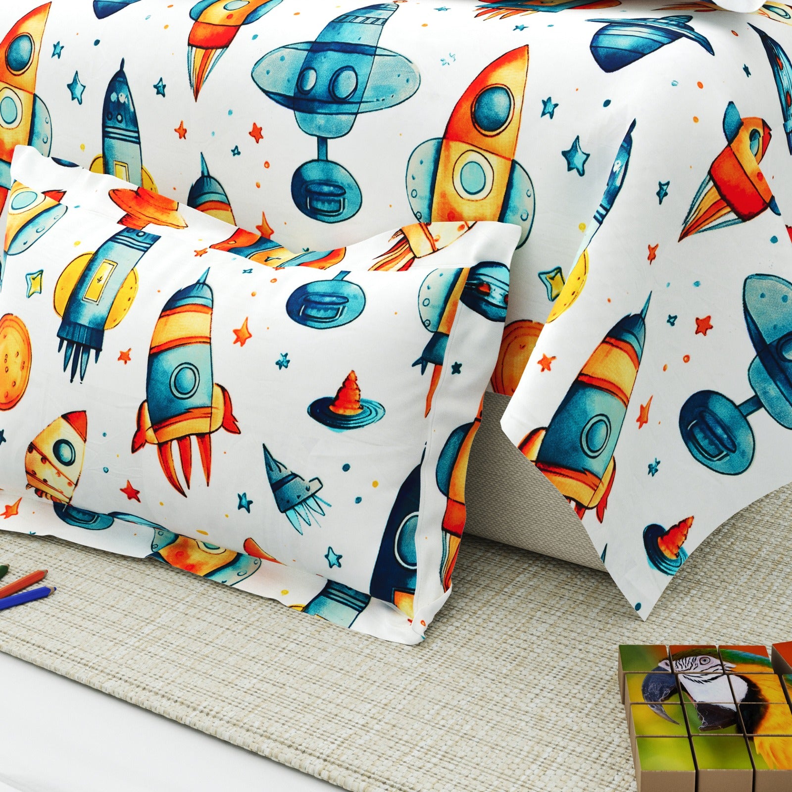 Little Joy Single Bedsheet with 1 Pillow Cover 130 GSM Micropeach Space Craft White