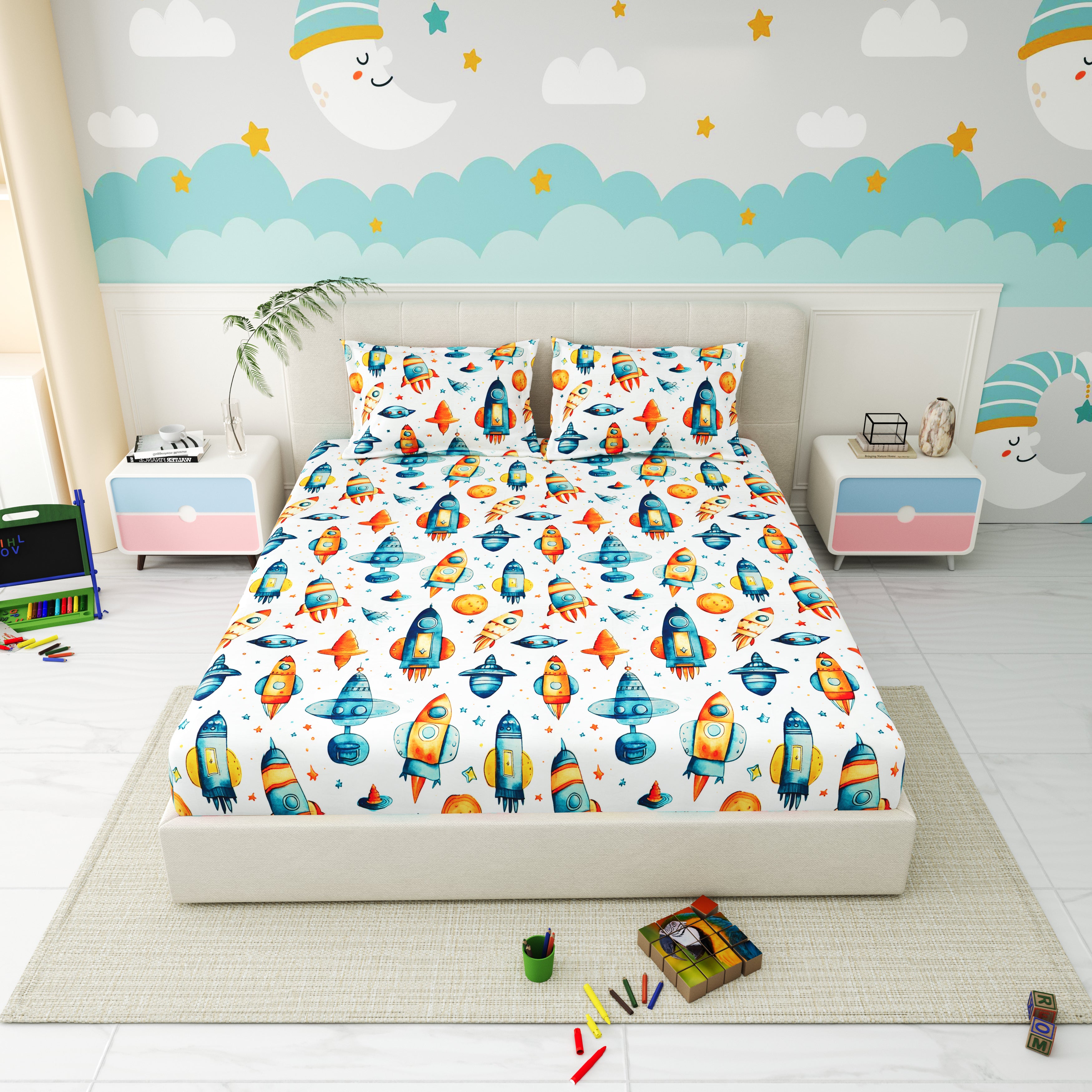 Little Joy Queen Fitted Sheet with 2 Pillow Covers 130 GSM Micropeach Space Craft White