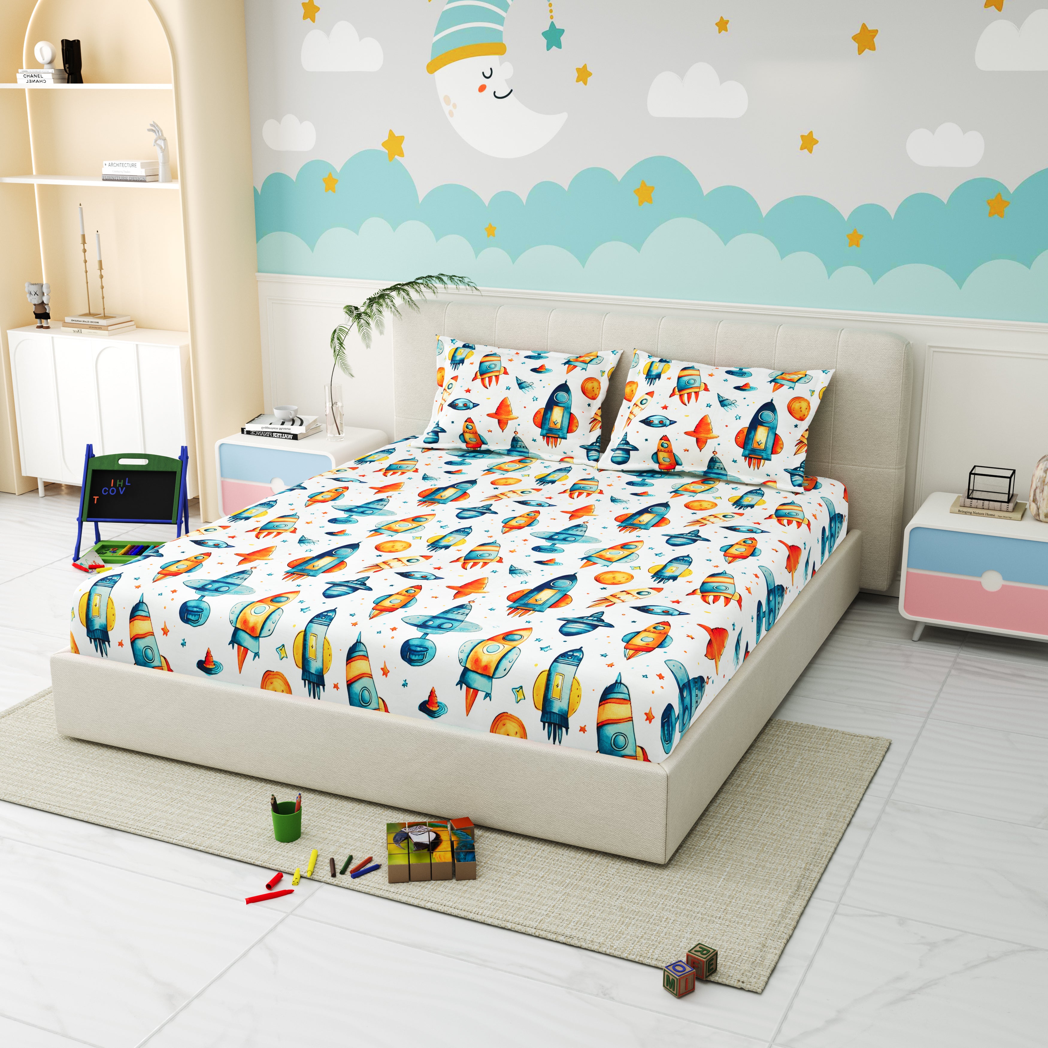 Little Joy Queen Fitted Sheet with 2 Pillow Covers 130 GSM Micropeach Space Craft White
