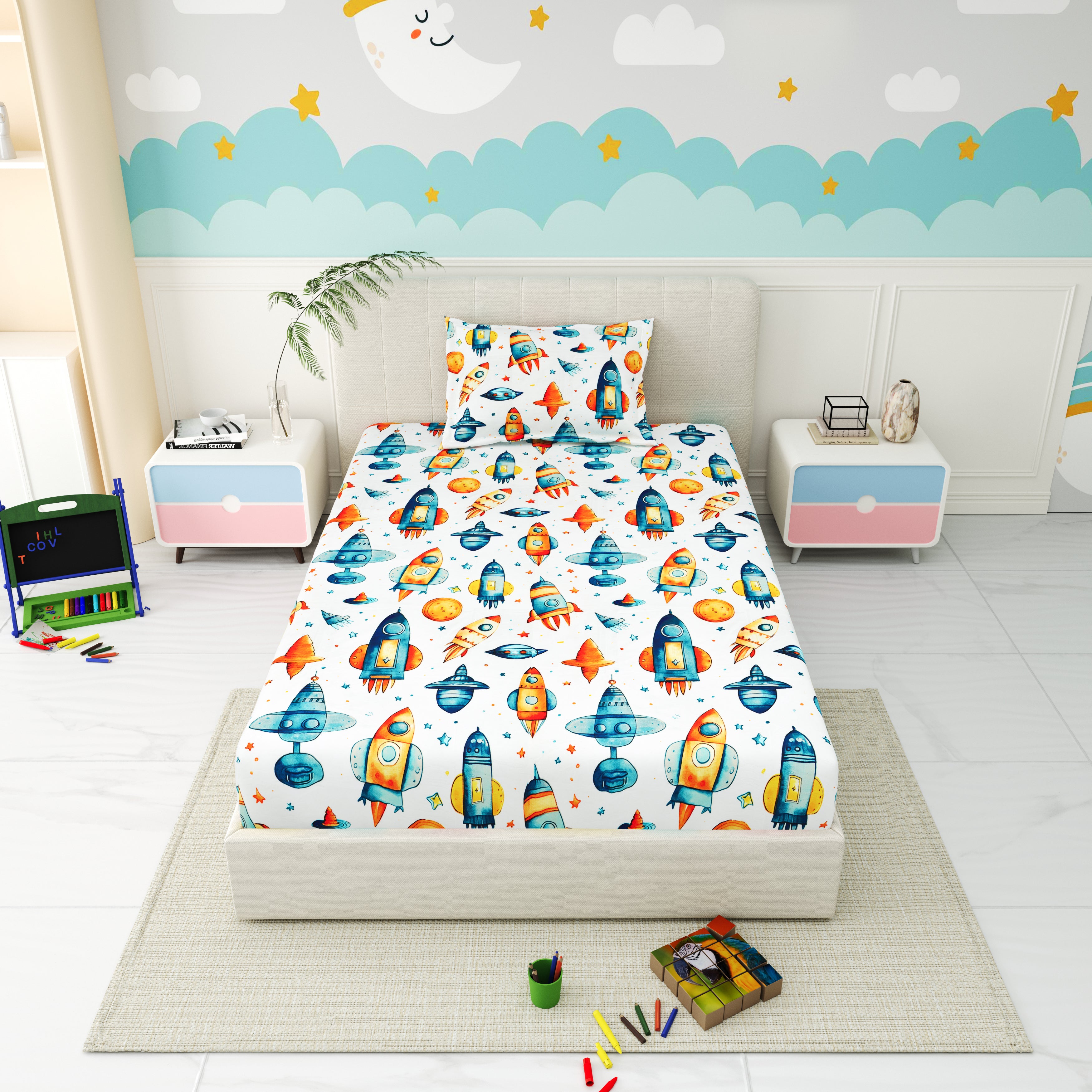 Little Joy Singe Fitted Sheet with 1 Pillow Cover 130 GSM Micropeach Space Craft White
