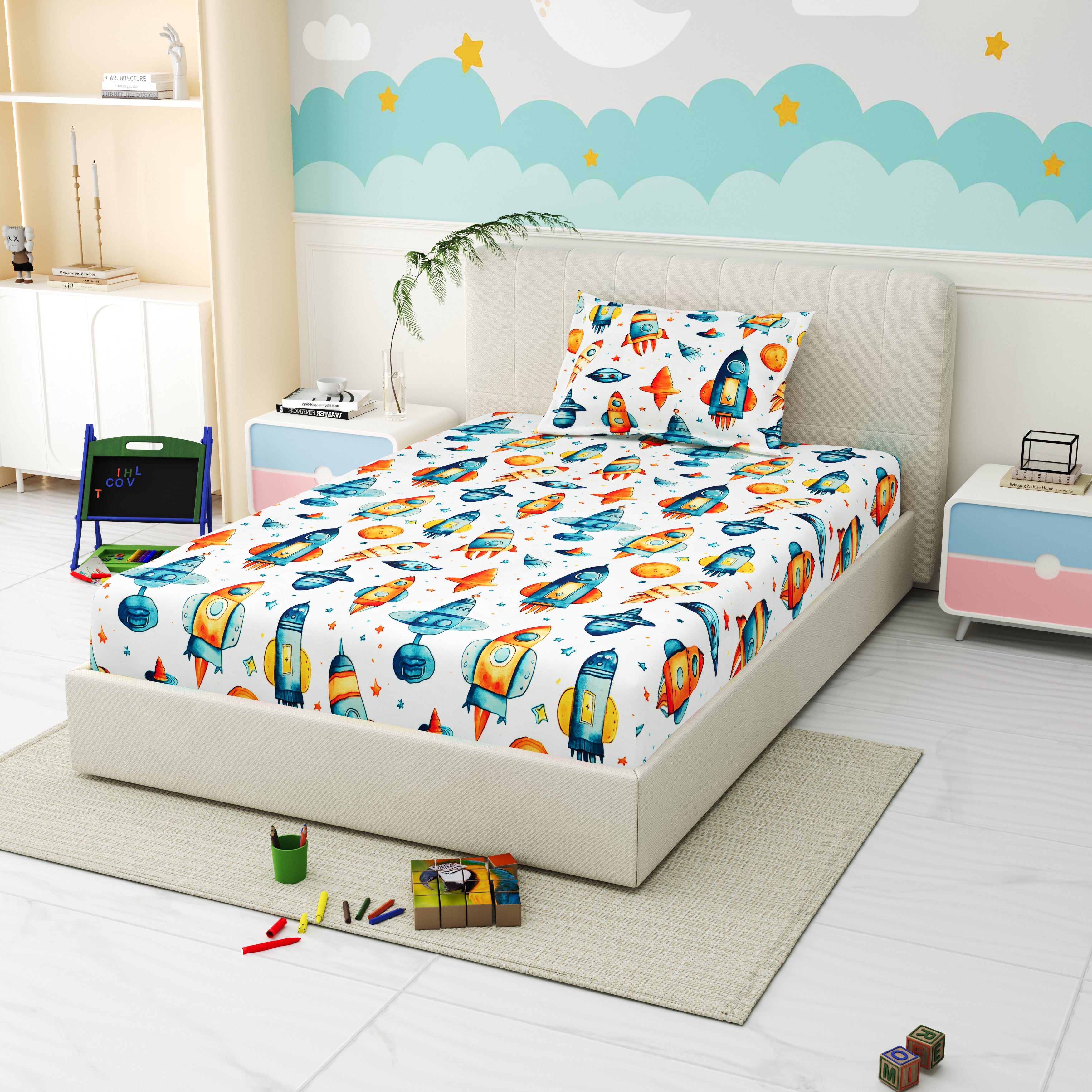 Little Joy Singe Fitted Sheet with 1 Pillow Cover 130 GSM Micropeach Space Craft White
