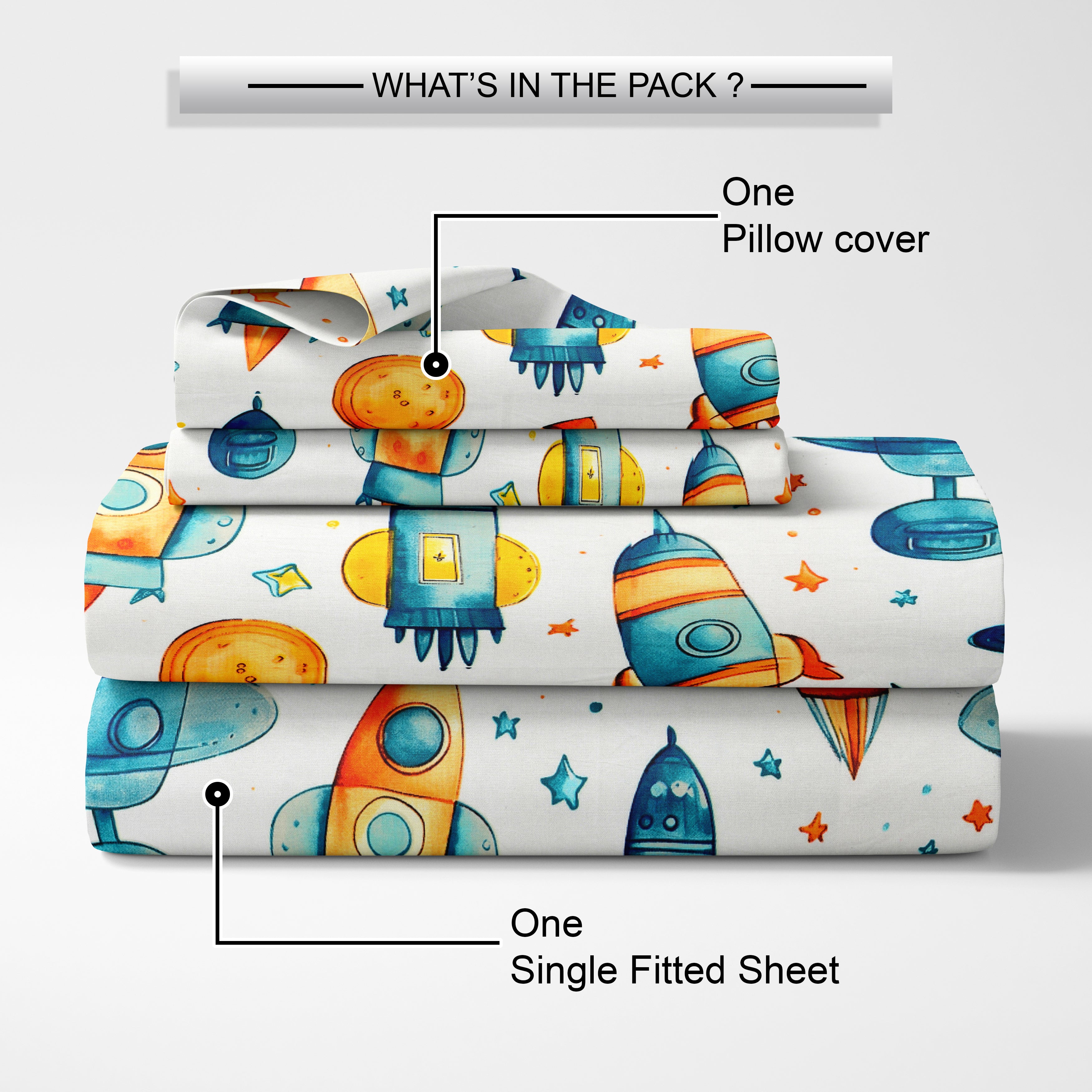 Little Joy Singe Fitted Sheet with 1 Pillow Cover 130 GSM Micropeach Space Craft White