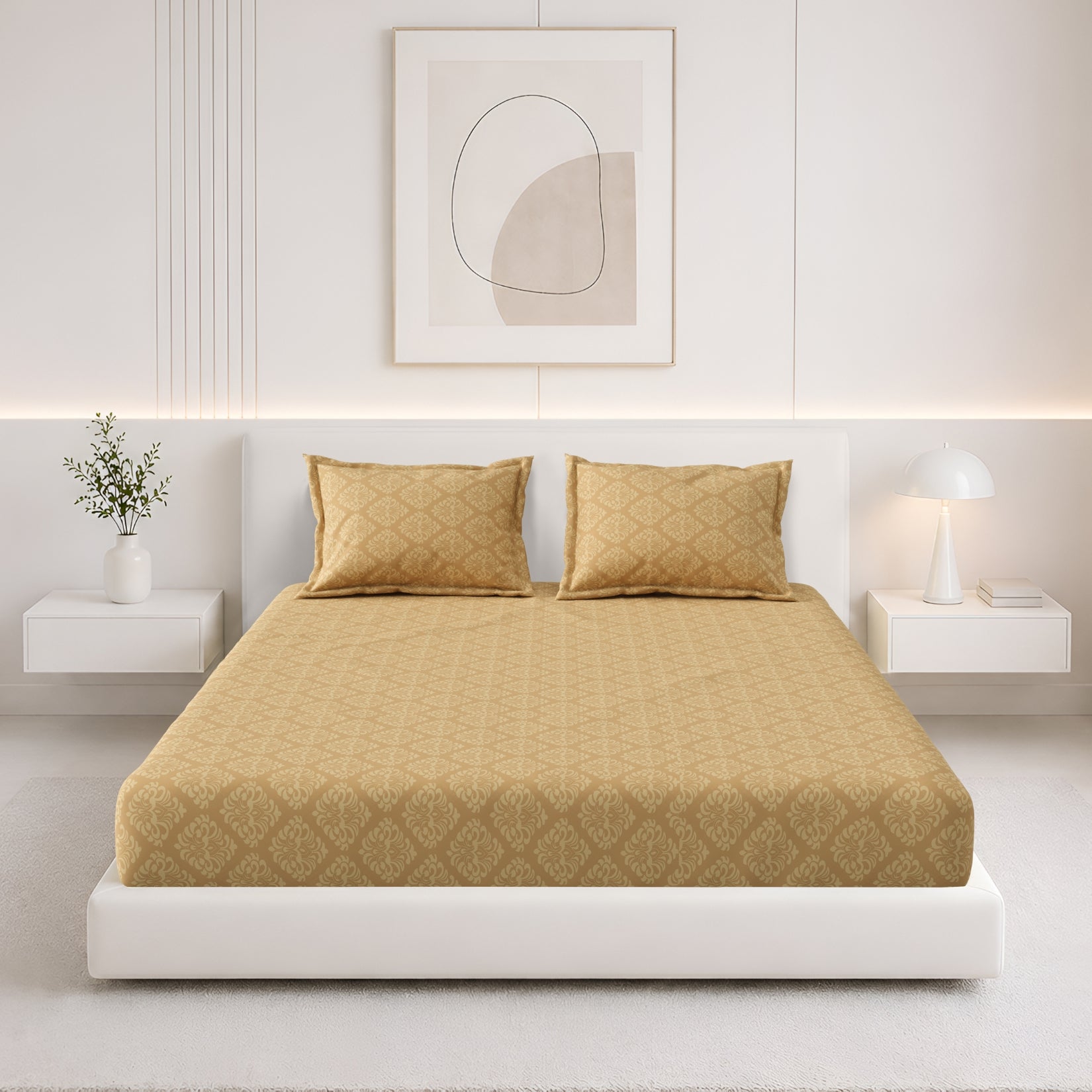 Jasmine King XL Bedsheet with 2 Pillow Covers 115 GSM Micropeach Embossed Jaquard Camel