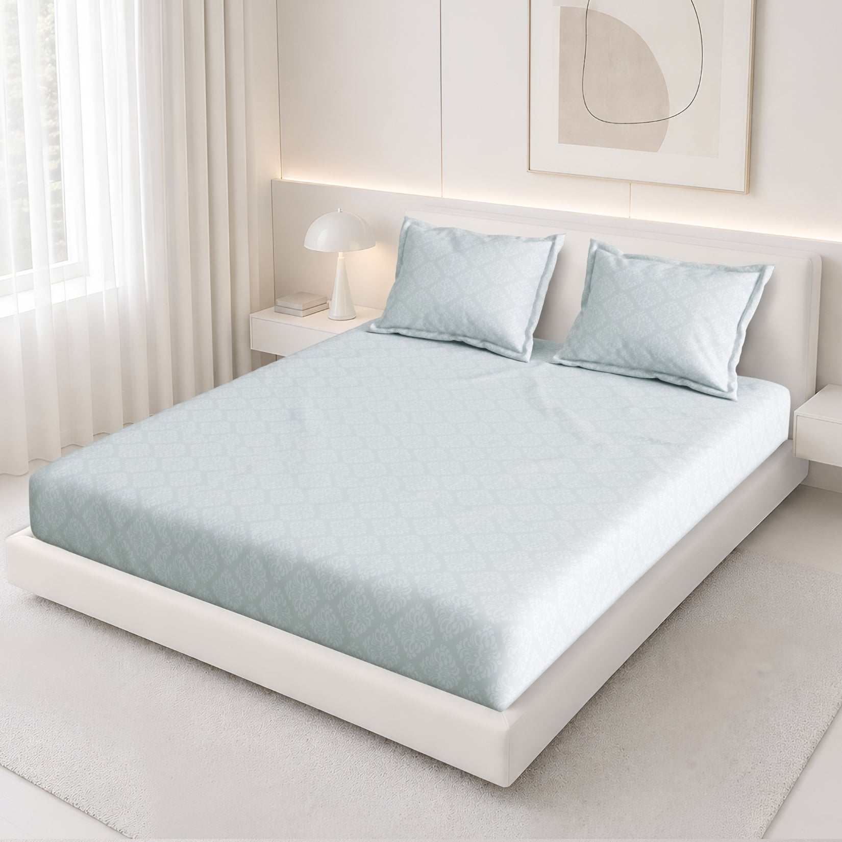 Jasmine Queen Fitted Sheet with 2 Pillow Covers 115 GSM Micropeach Embossed Jaquard Grey