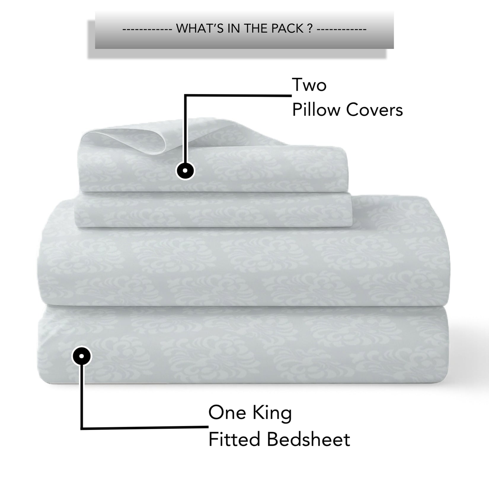 Jasmine King Fitted Sheet with 2 Pillow Covers 115 GSM Micropeach Embossed Jaquard Grey