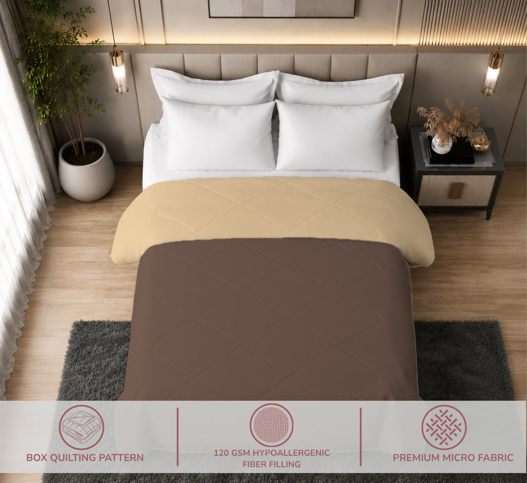 Jasmine Double Comforter 90 GSM Fabric with 120 GSM Filling Reversible Camel / Coffee