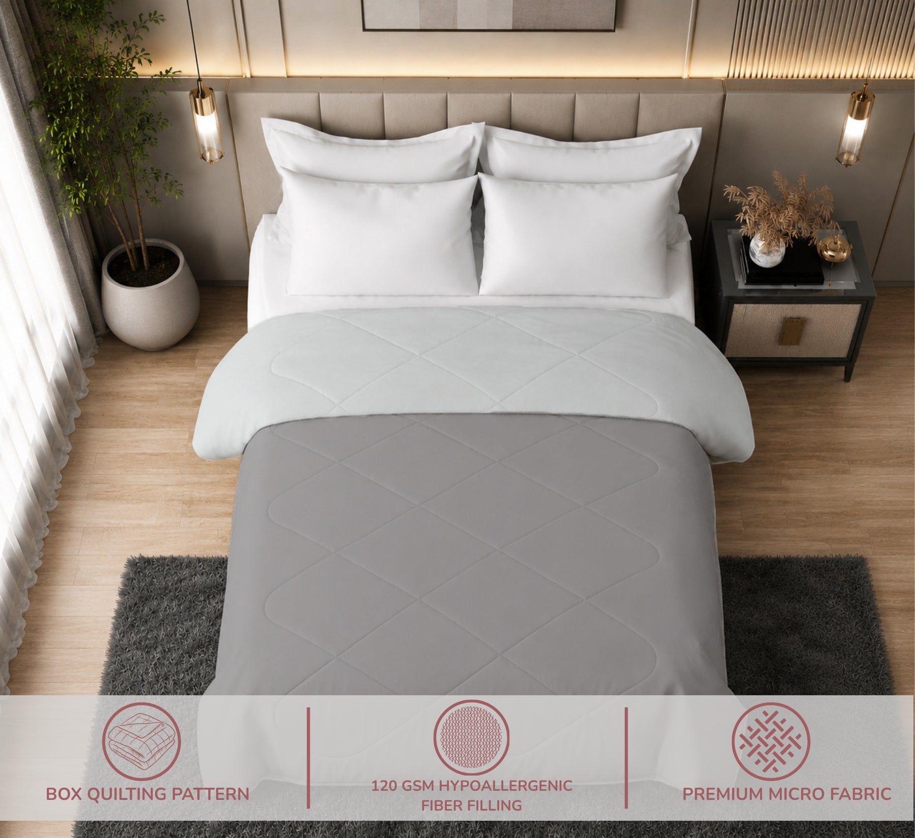 Jasmine Double Comforter 90 GSM Fabric with 120 GSM Filling Reversible Pearl Grey / Ash