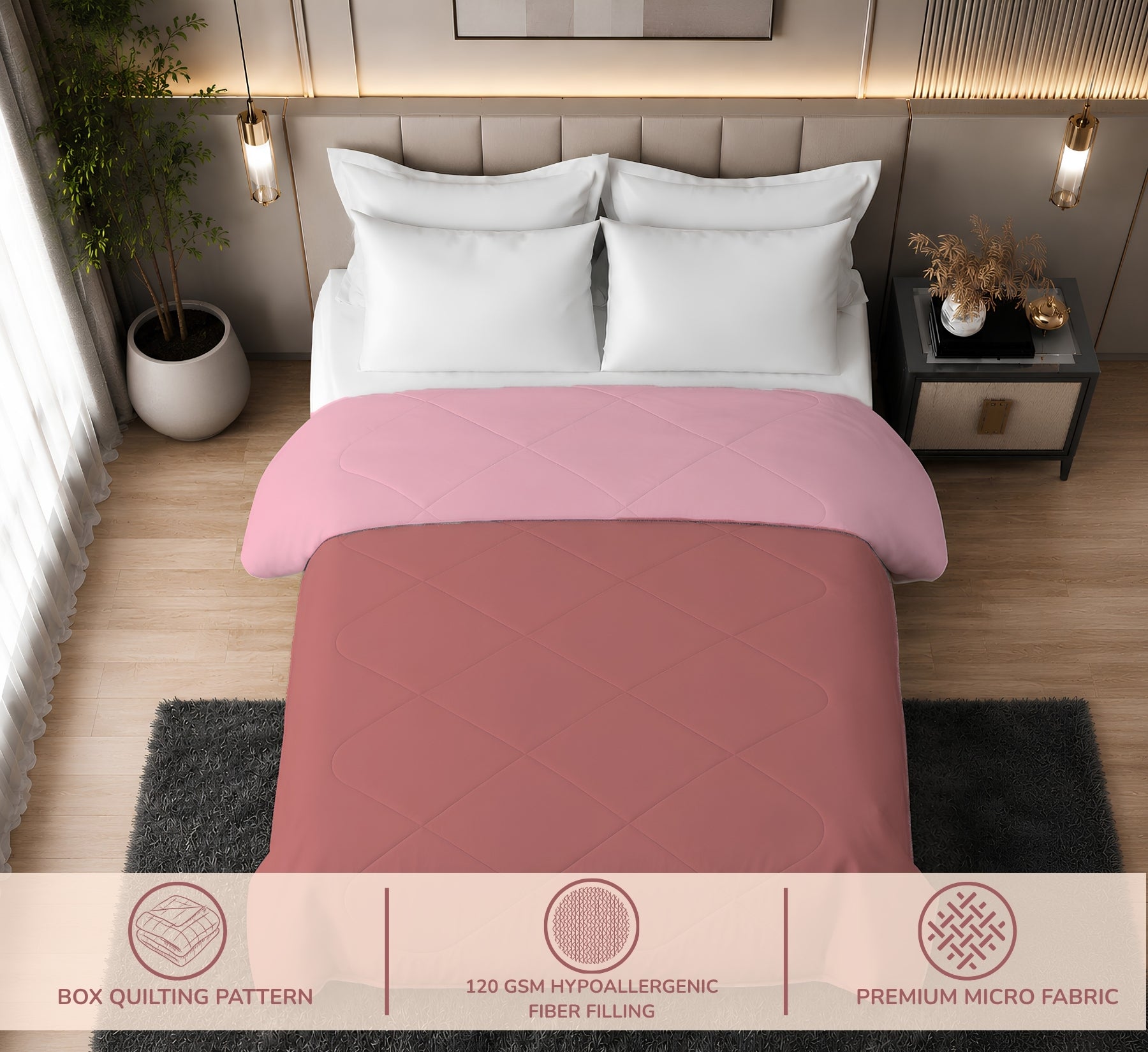 Jasmine Double Comforter 90 GSM Fabric with 120 GSM Filling Reversible Peach / Terracotta