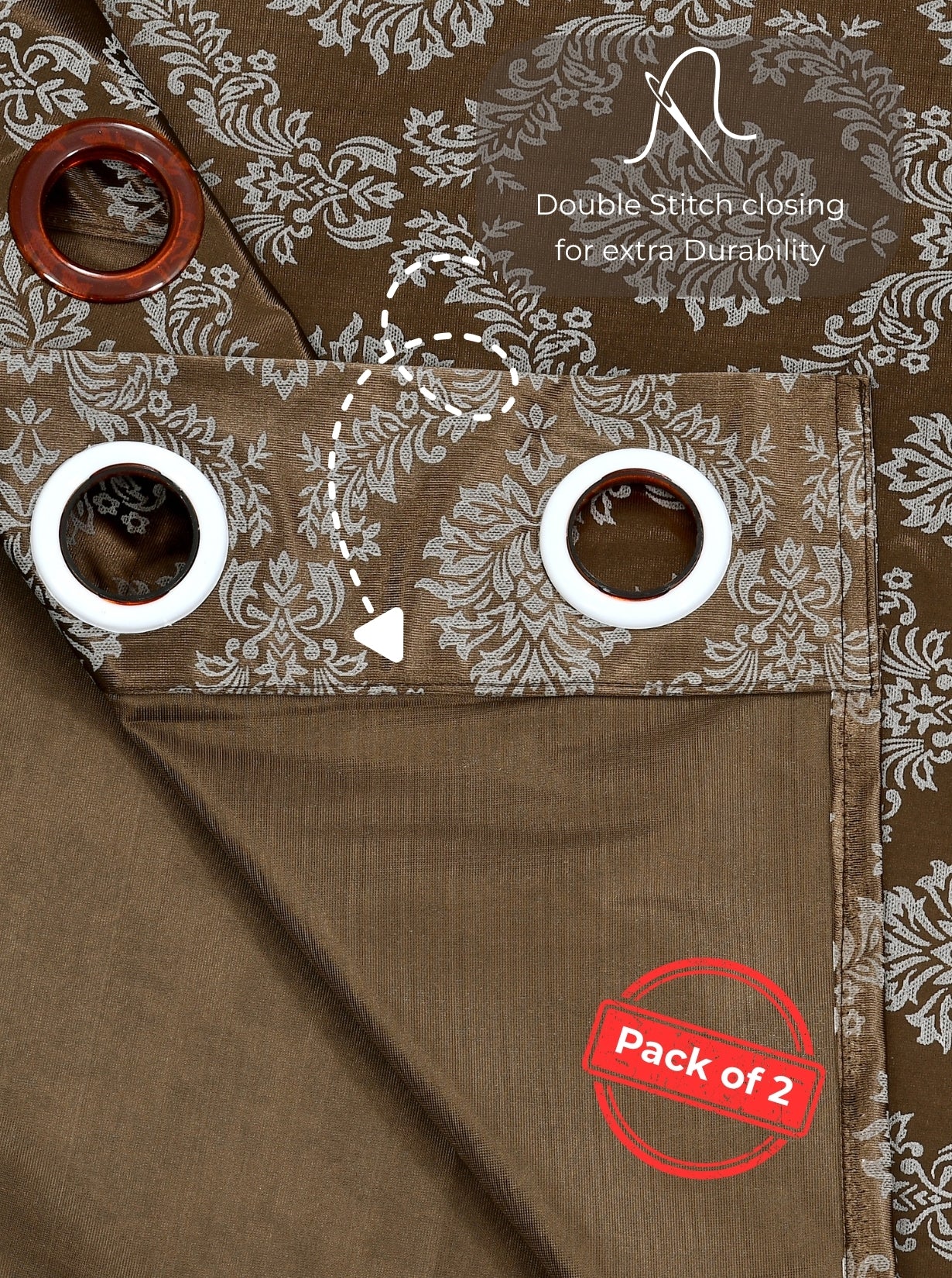 Daisy Door Curtains (Set of 2) 60% Light Filtering Poly Knitted 200 GSM Damask Brown