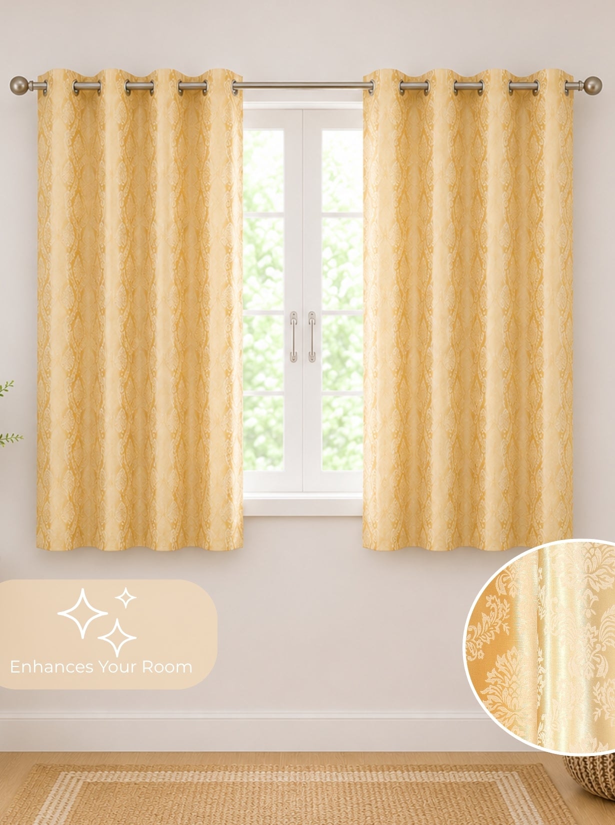 Daisy Window Curtains (Set of 2) 60% Light Filtering Poly Knitted 200 GSM Damask Gold