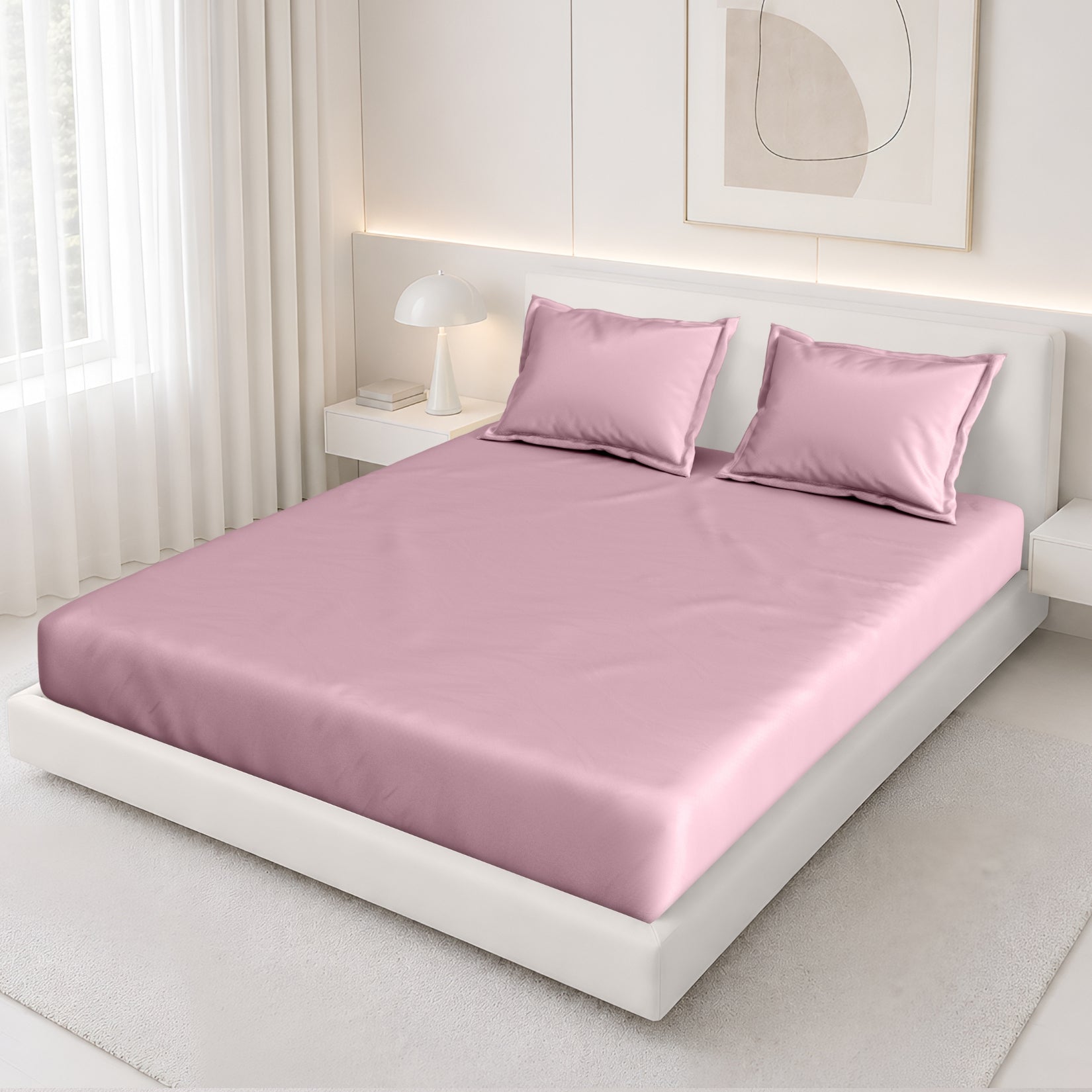 Tulip Queen Fitted Sheet with 2 Pillow Covers 125 GSM Micropeach Super Sateen Baby Pink