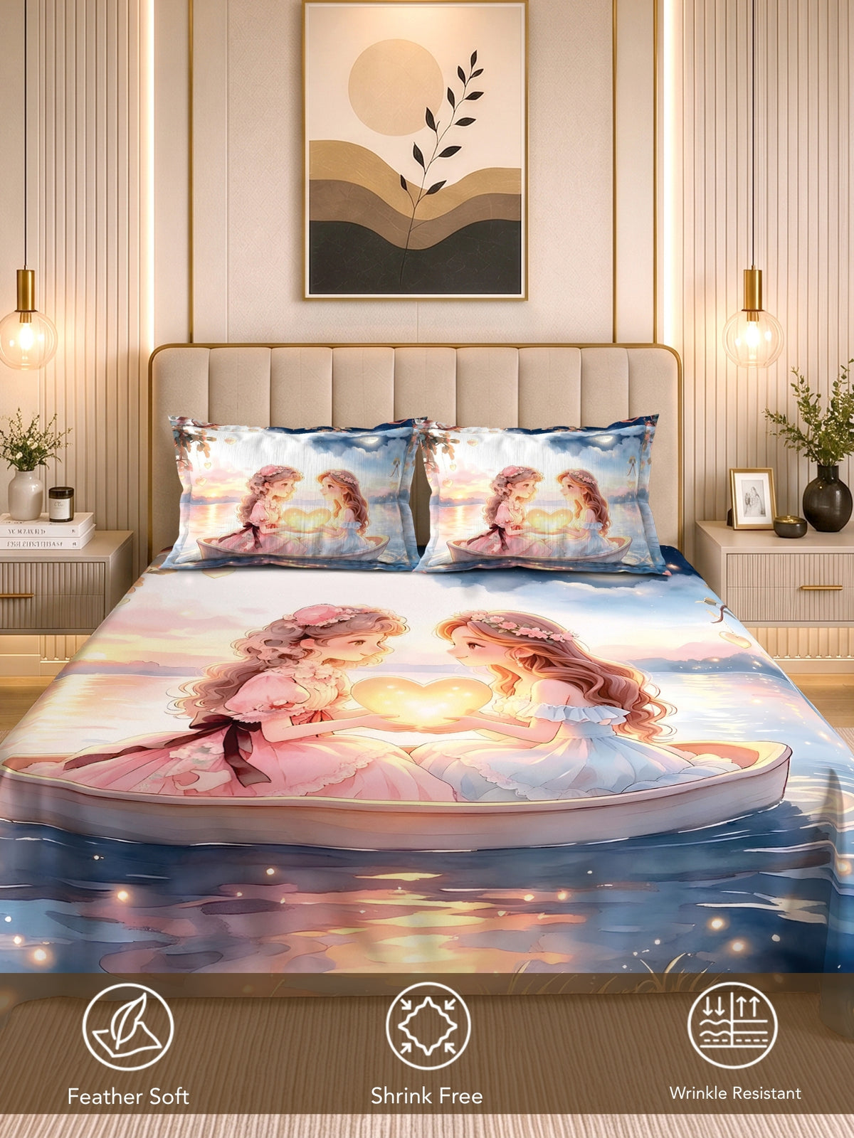 Homeful Style Canvas Stories Pictorial Printed 160 TC Bedsheet with 2 Pillow Covers