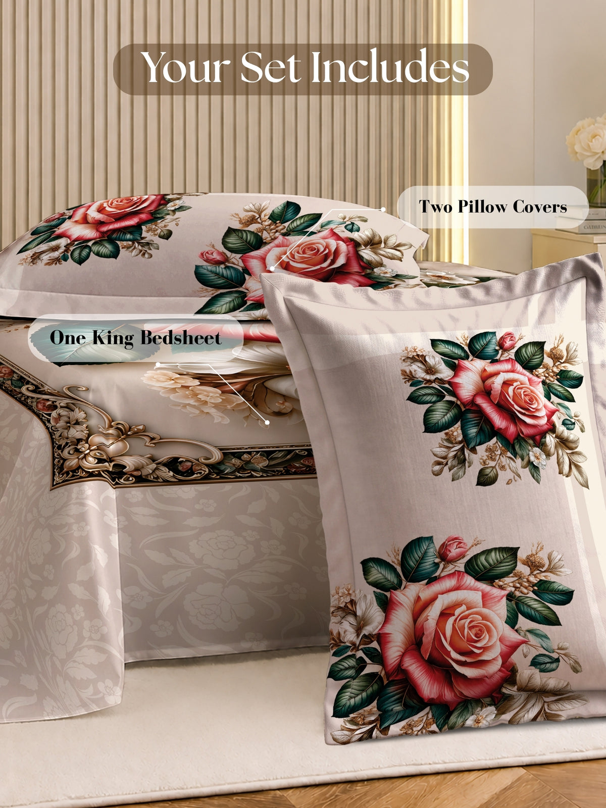 Homeful Style Living Canvas Floral Print 160 TC Bedsheet with 2 Pillow Covers