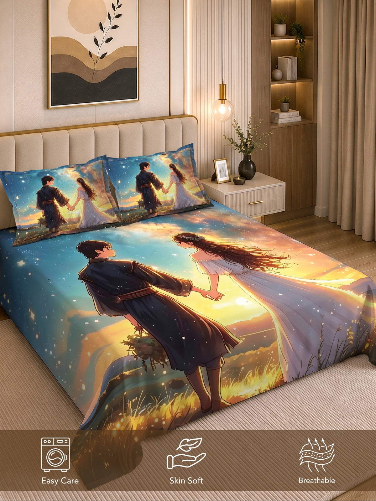 Homeful Style Canvas Stories Pictorial Printed 160 TC Bedsheet with 2 Pillow Covers