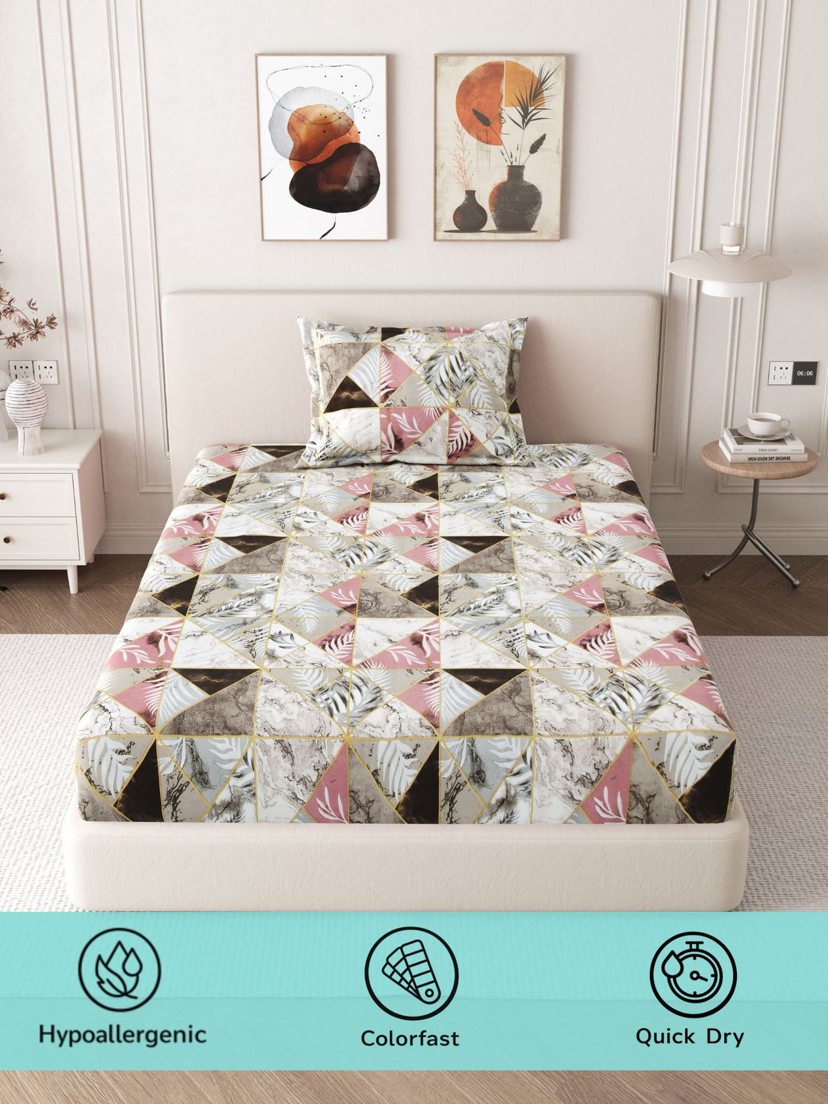 Daisy 130 GSM Microfiber Geometric Queen Size Bedsheet with 2 Pillow Covers – Brown