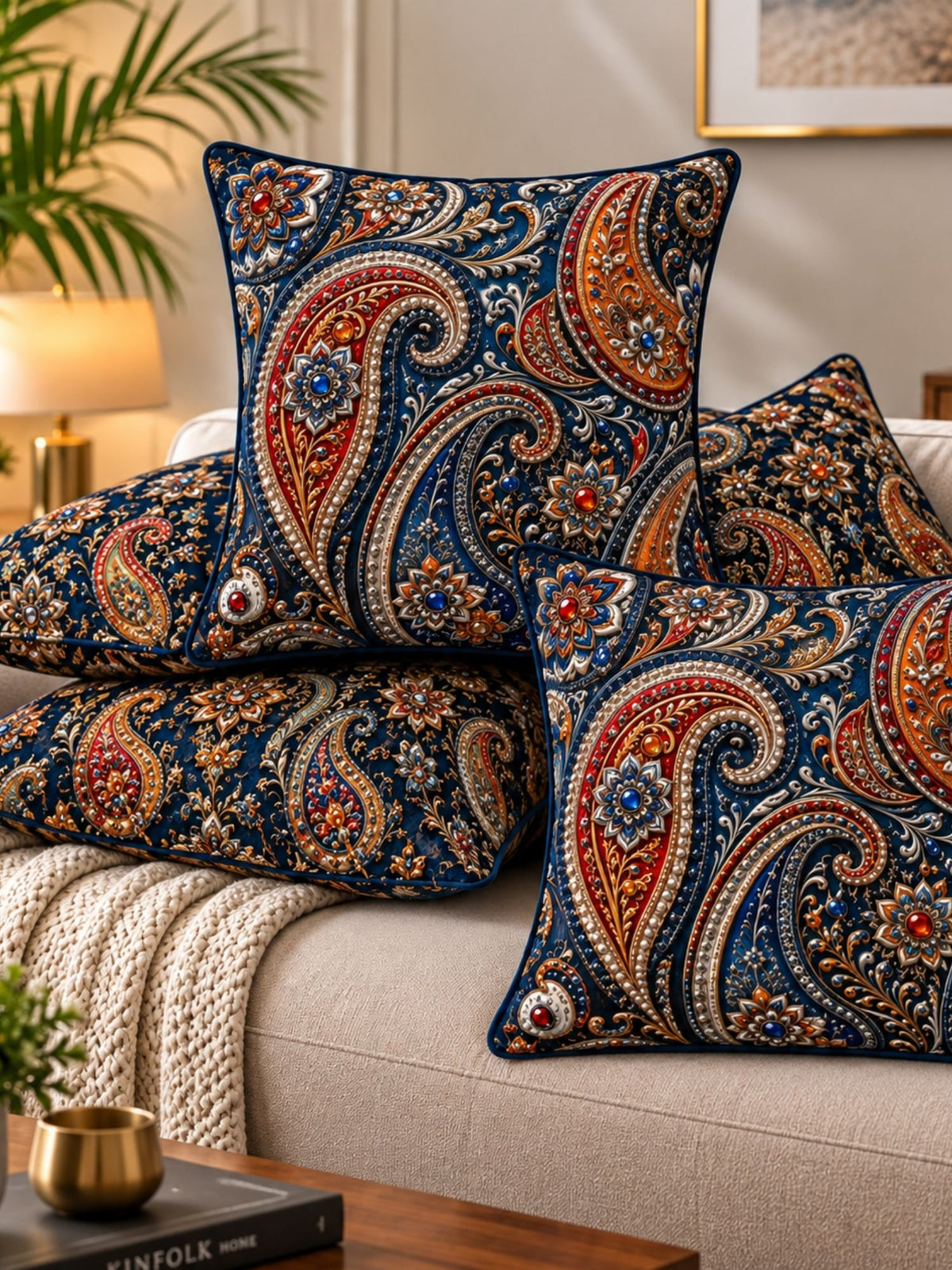 Bejeweled Micropeach Pack of 5 Cushion Covers (40 x 40 cm) - Navy