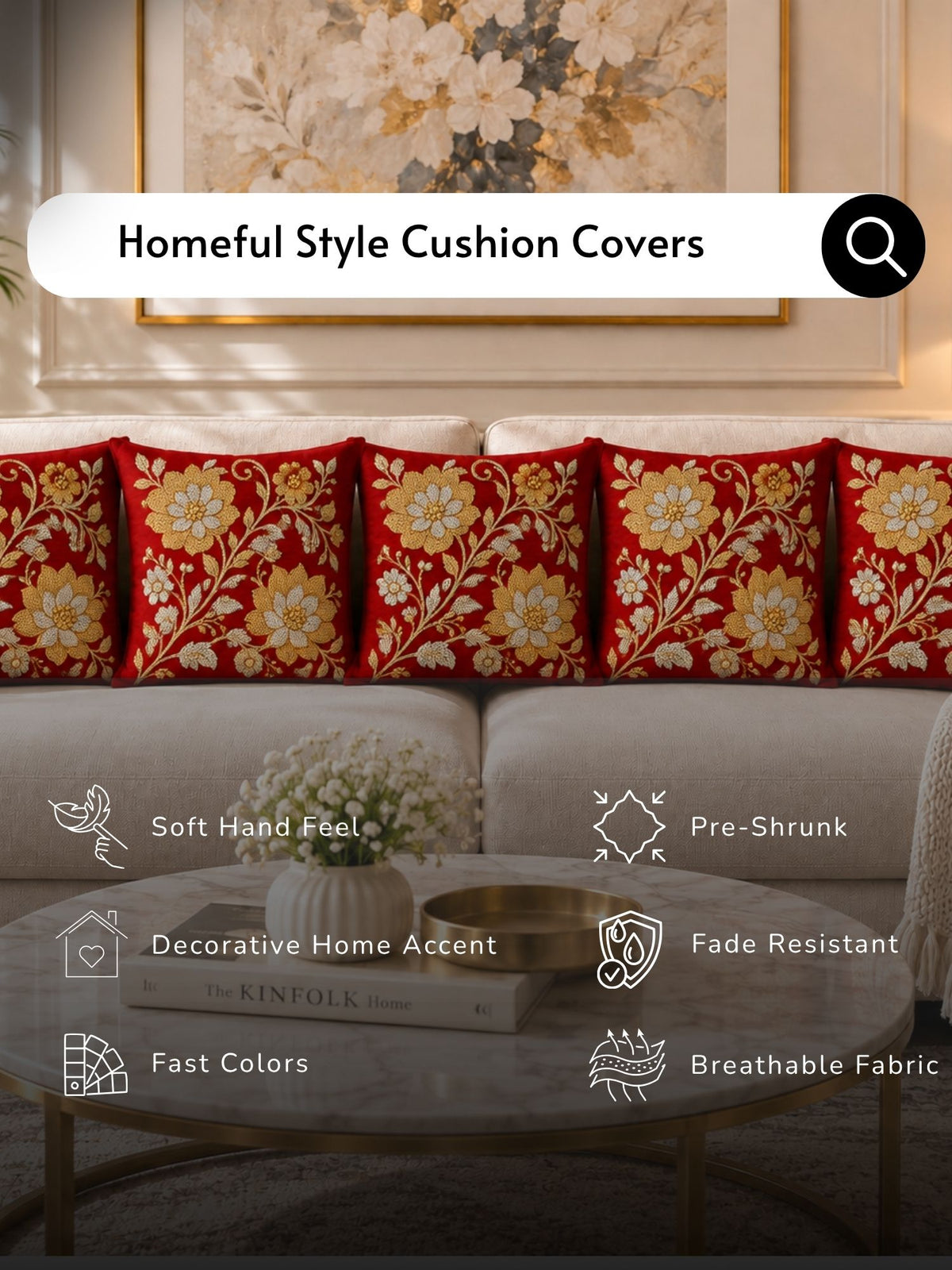 Regal Textures Micropeach Ethnic Motif Print Pack of 5 Cushion Covers (40 x 40 cm) - Red