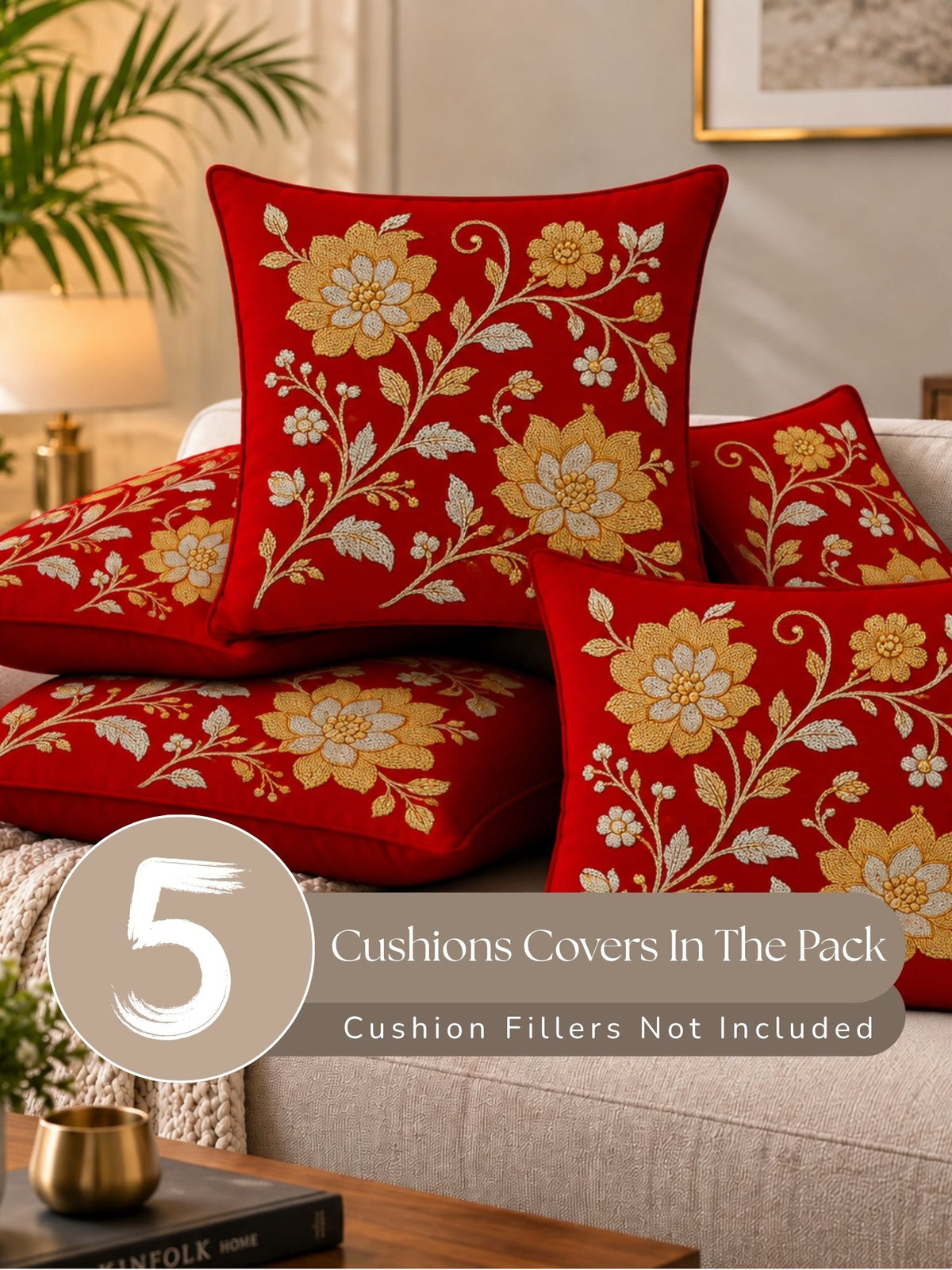 Regal Textures Micropeach Ethnic Motif Print Pack of 5 Cushion Covers (40 x 40 cm) - Red