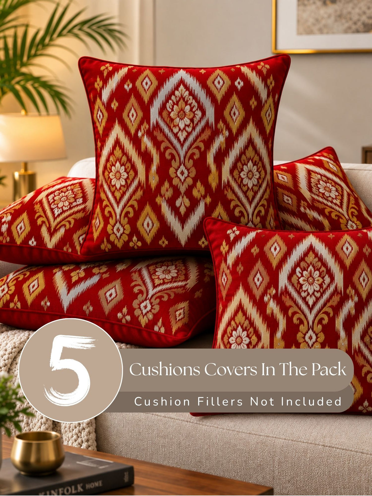 Regal Textures Micropeach Ethnic Motif Print Pack of 5 Cushion Covers (40 x 40 cm) - Red