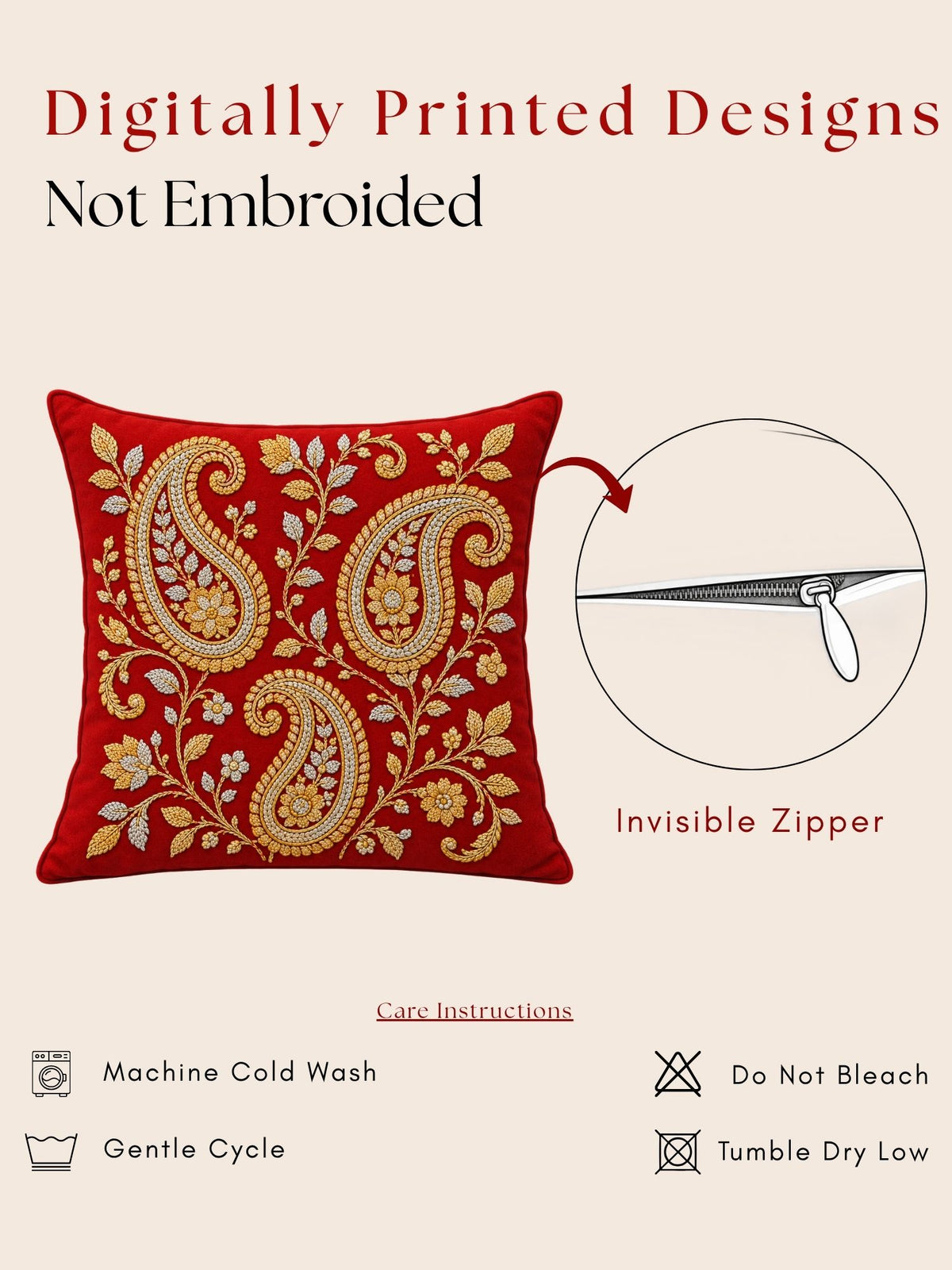 Regal Textures Micropeach Ethnic Motif Print Pack of 5 Cushion Covers (40 x 40 cm) - Red