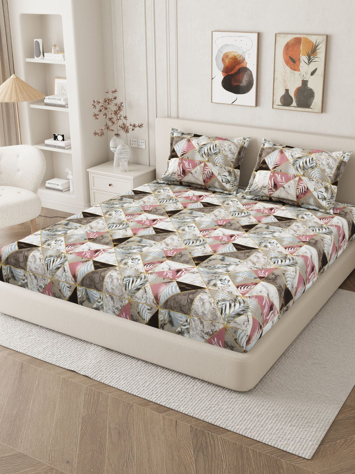 Daisy 130 GSM Microfiber Geometric Queen Size Bedsheet with 2 Pillow Covers – Brown