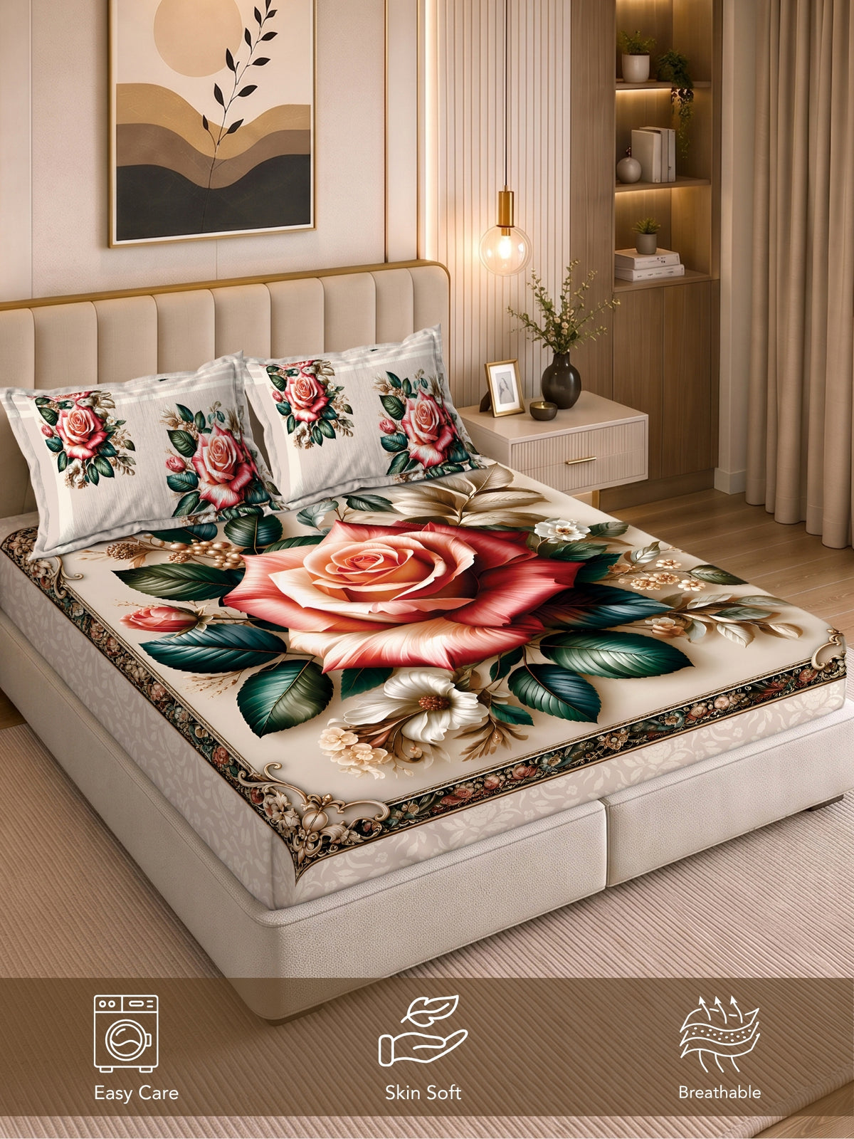 Homeful Style Living Canvas Floral Print 160 TC Bedsheet with 2 Pillow Covers