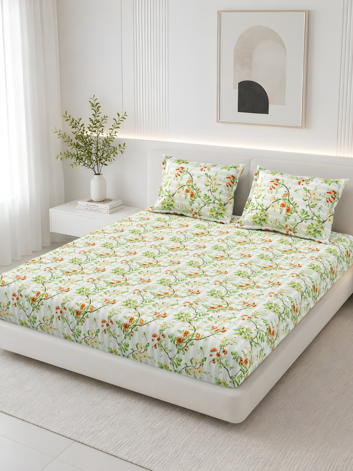 Lotus 100% Cotton 120 TC King Size Fitted Bedsheet with 2 Pillow Covers