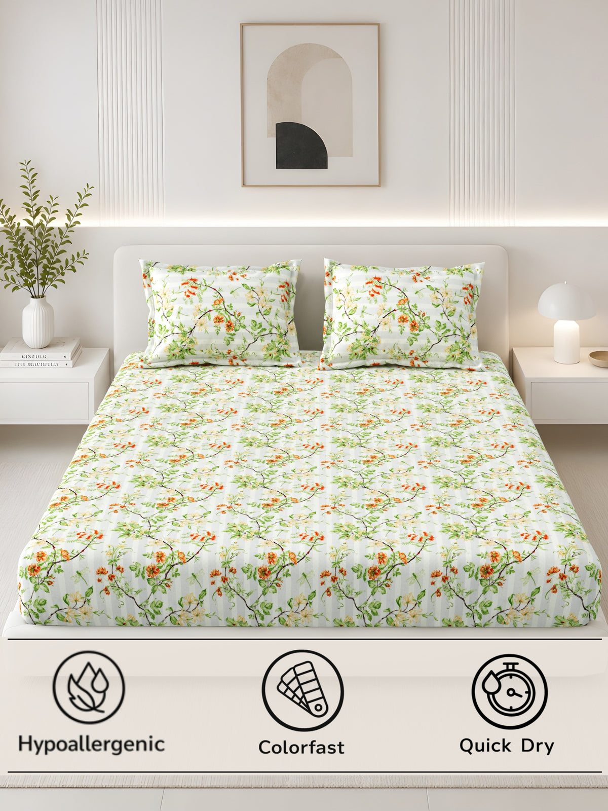 Lotus 100% Cotton 120 TC King Size Fitted Bedsheet with 2 Pillow Covers