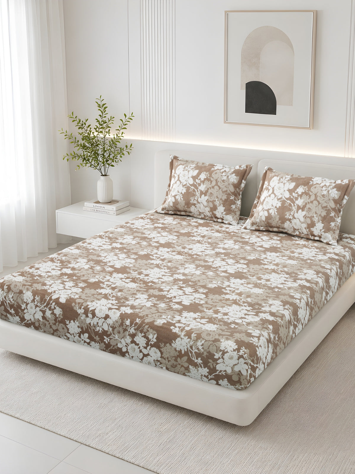 Lotus 100% Cotton 120 TC King Size Fitted Bedsheet with 2 Pillow Covers