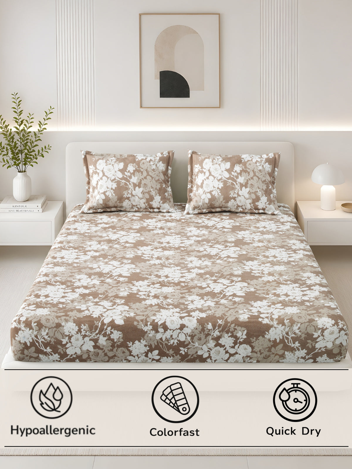Lotus 100% Cotton 120 TC King Size Fitted Bedsheet with 2 Pillow Covers