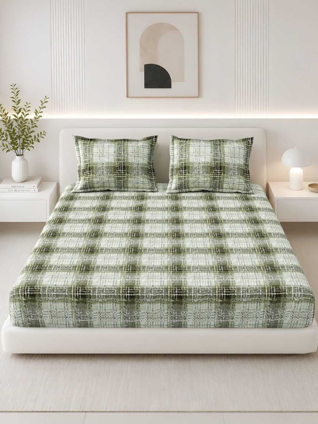 Lotus 100% Cotton 120 TC King Size Fitted Bedsheet with 2 Pillow Covers