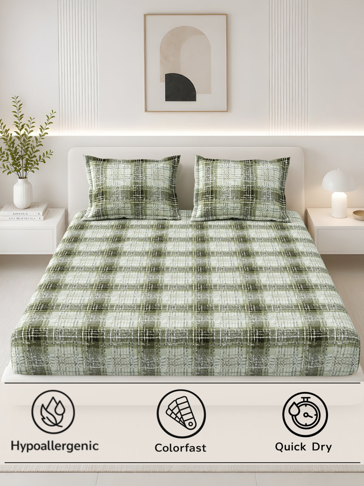 Lotus 100% Cotton 120 TC King Size Fitted Bedsheet with 2 Pillow Covers