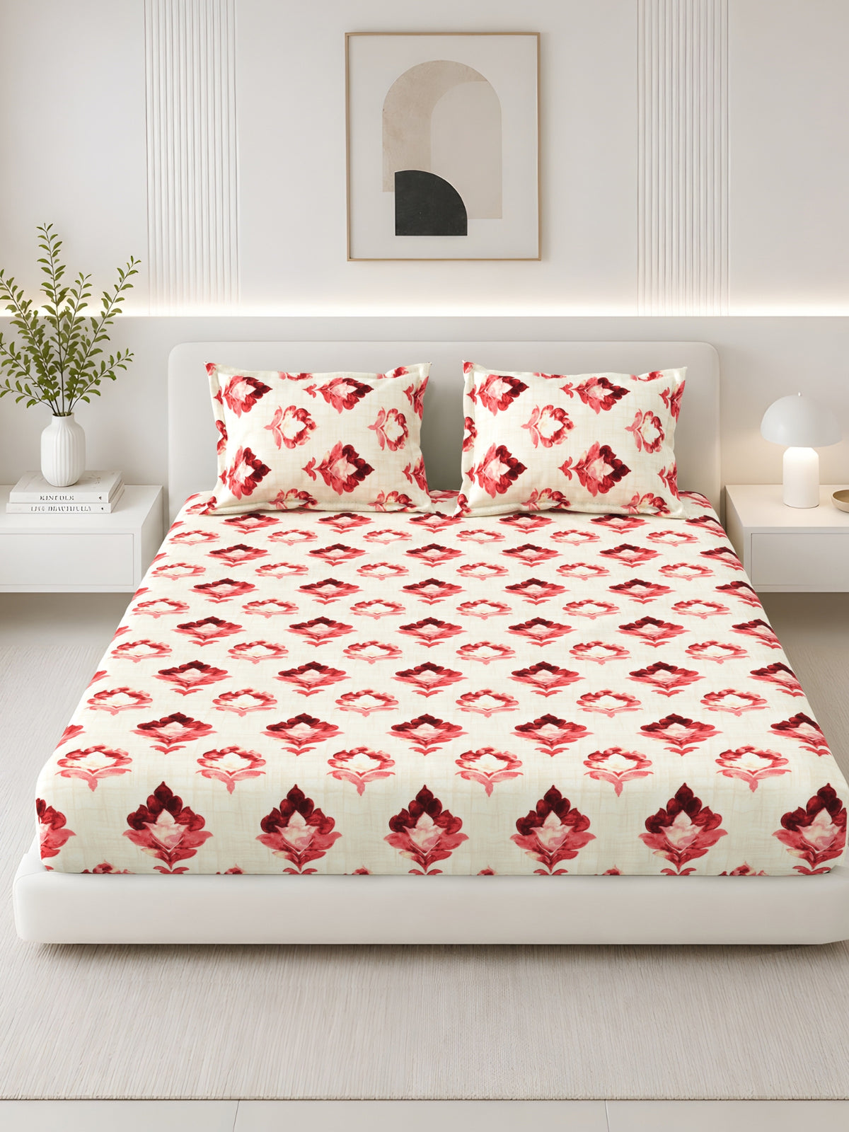 Lotus 100% Cotton 120 TC King Size Fitted Bedsheet with 2 Pillow Covers
