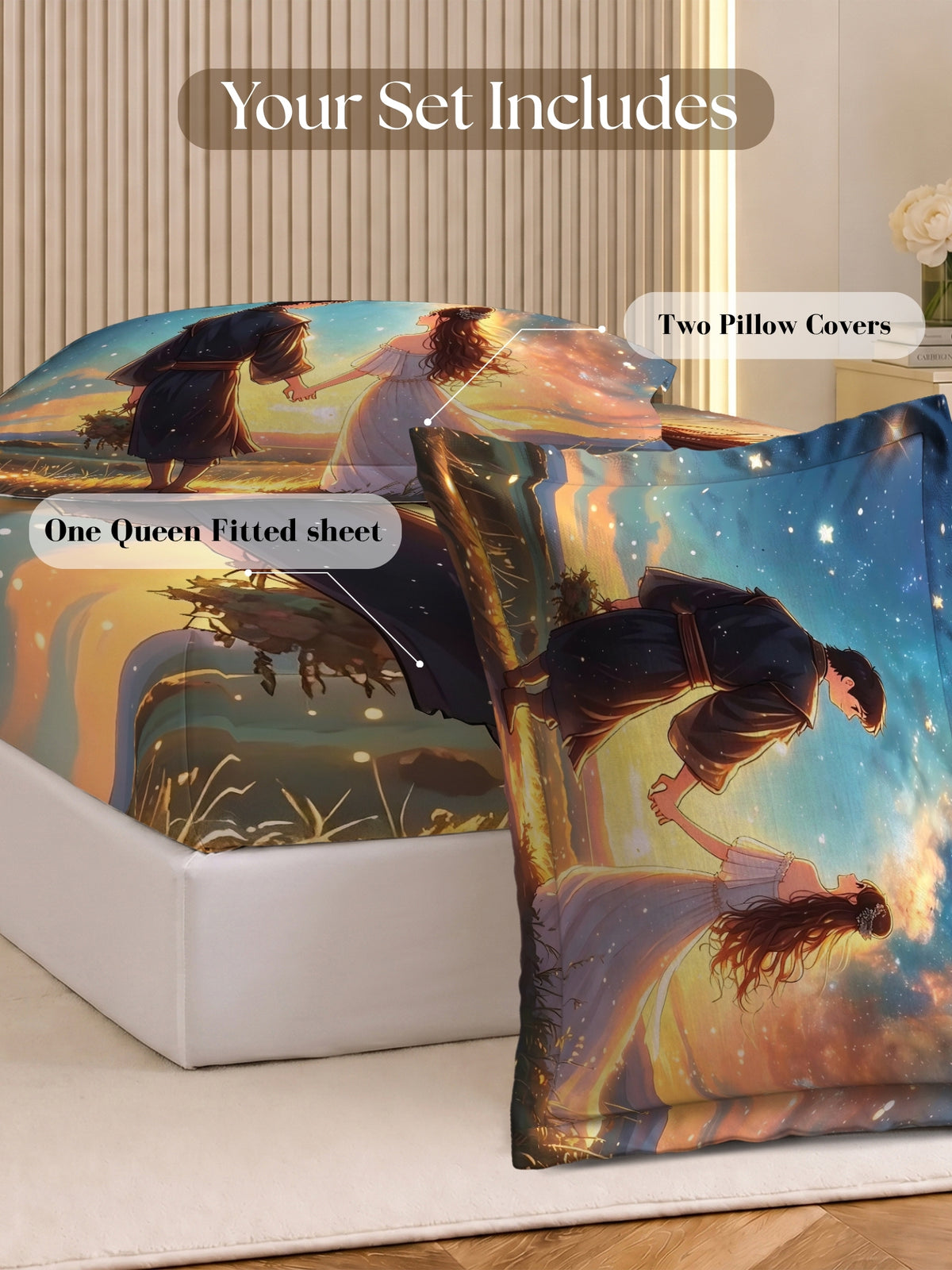 Homeful Style Canvas Stories Pictorial Printed 160 TC Bedsheet with 2 Pillow Covers