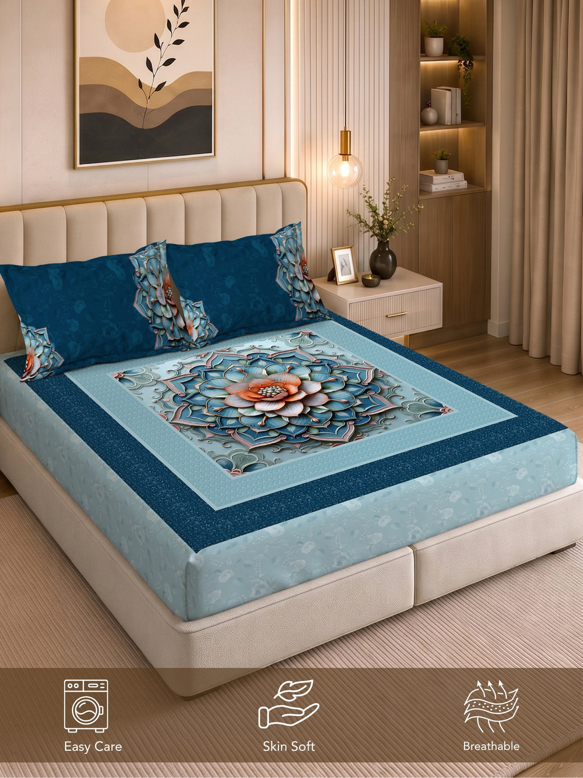 Homeful Style Living Canvas Floral Print 160 TC Bedsheet with 2 Pillow Covers